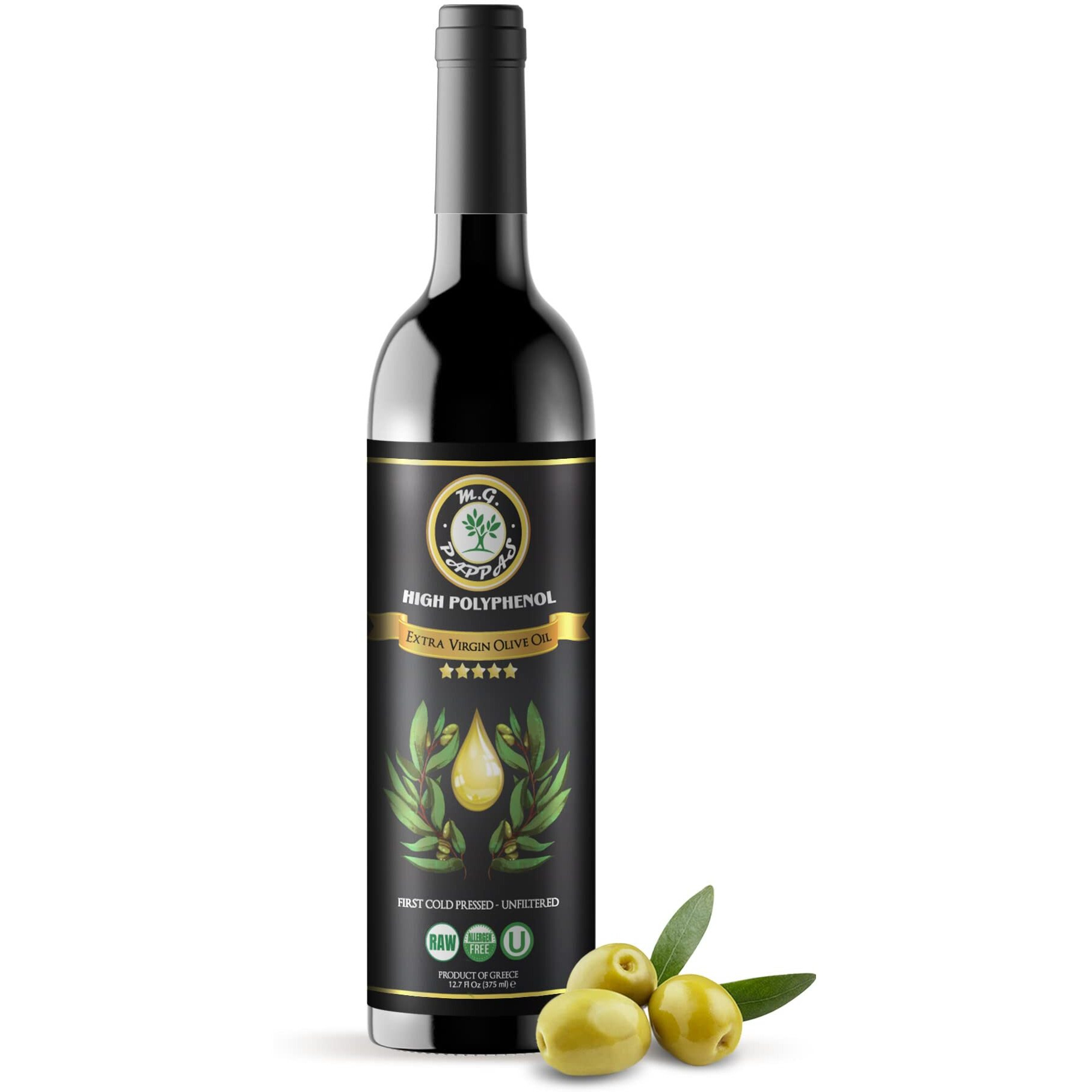 M.G. Pappas Extra Virgin Olive Oil, High Polyphenol Evoo - Cold Pressed & Unfiltered Greek Olive Oil - Over 500Mg/Kg Polyphenols With High Hydroxytyrosol - Award-Winning Organic Quality - 12.7Oz (375Ml) Bottle