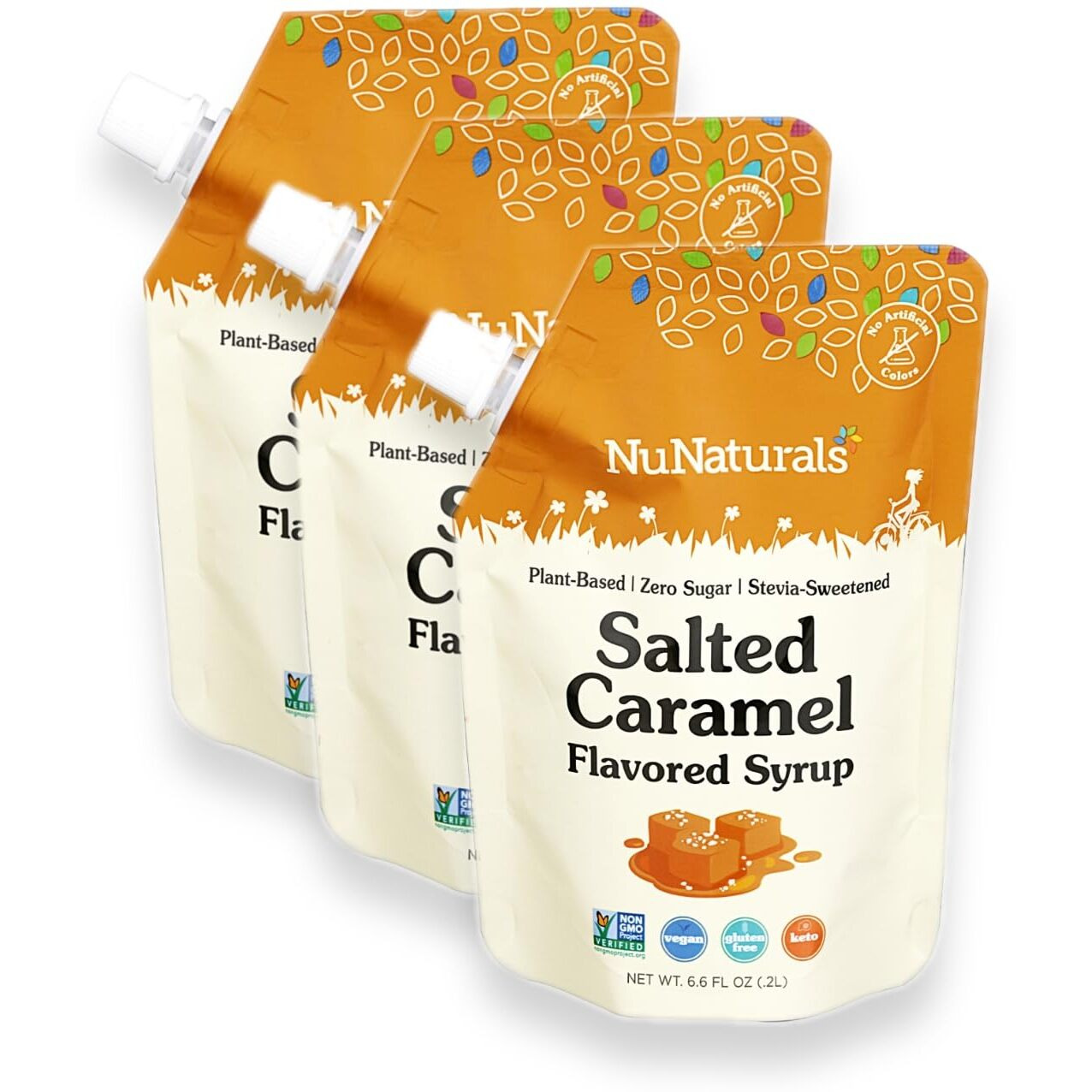 Nunaturals Stevia Syrup, Sugar-Free Sweetener, Plant-Based Sugar Substitute, Zero Calorie, Sugar-Free Syrup, Salted Caramel, 6.6Oz (3-Pack)