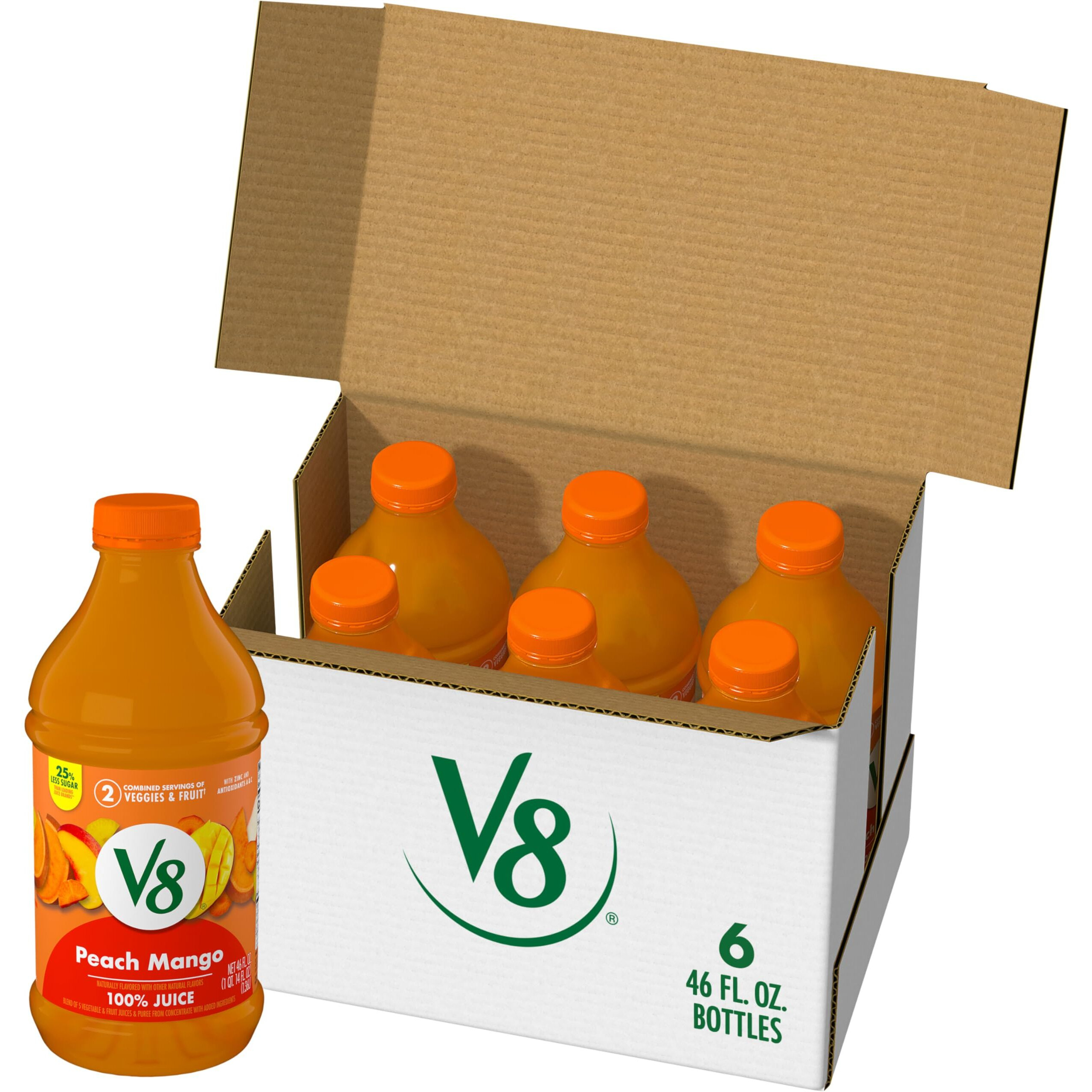 V8 Peach Mango 100% Fruit And Vegetable Juice, 46 Fl Oz Bottle (6 Pack)