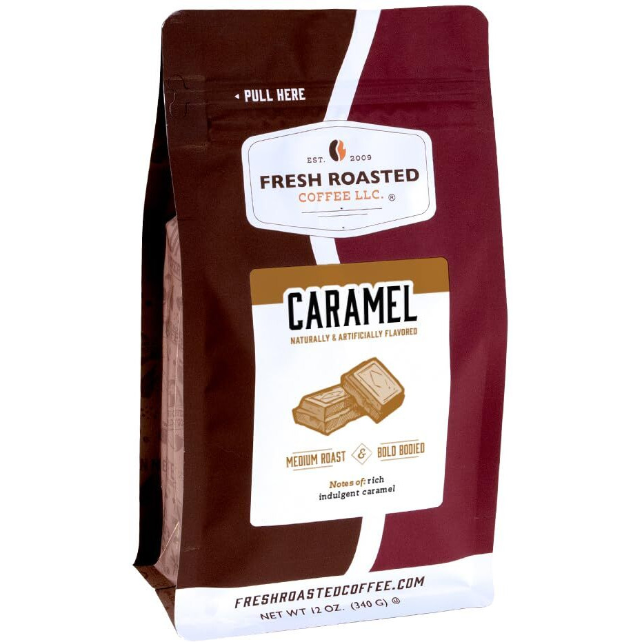 Fresh Roasted Coffee, Caramel Flavored Coffee, 12 Oz, Medium Roast, Kosher, Ground