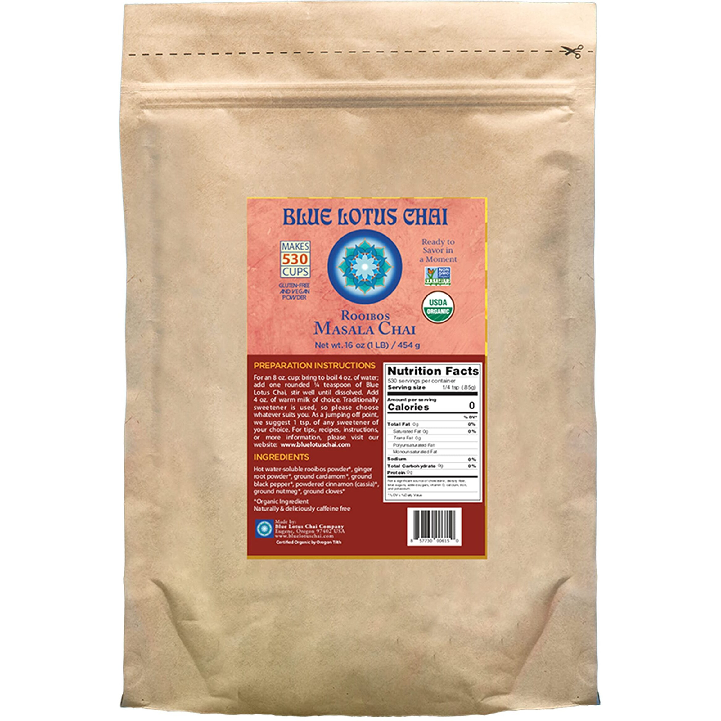Blue Lotus Chai - Rooibos Masala Chai - Makes 530 Cups - 1 Pound Bulk Bag Masala Spiced Chai Powder With Organic Spices - Instant Indian Tea No Steeping - No Gluten