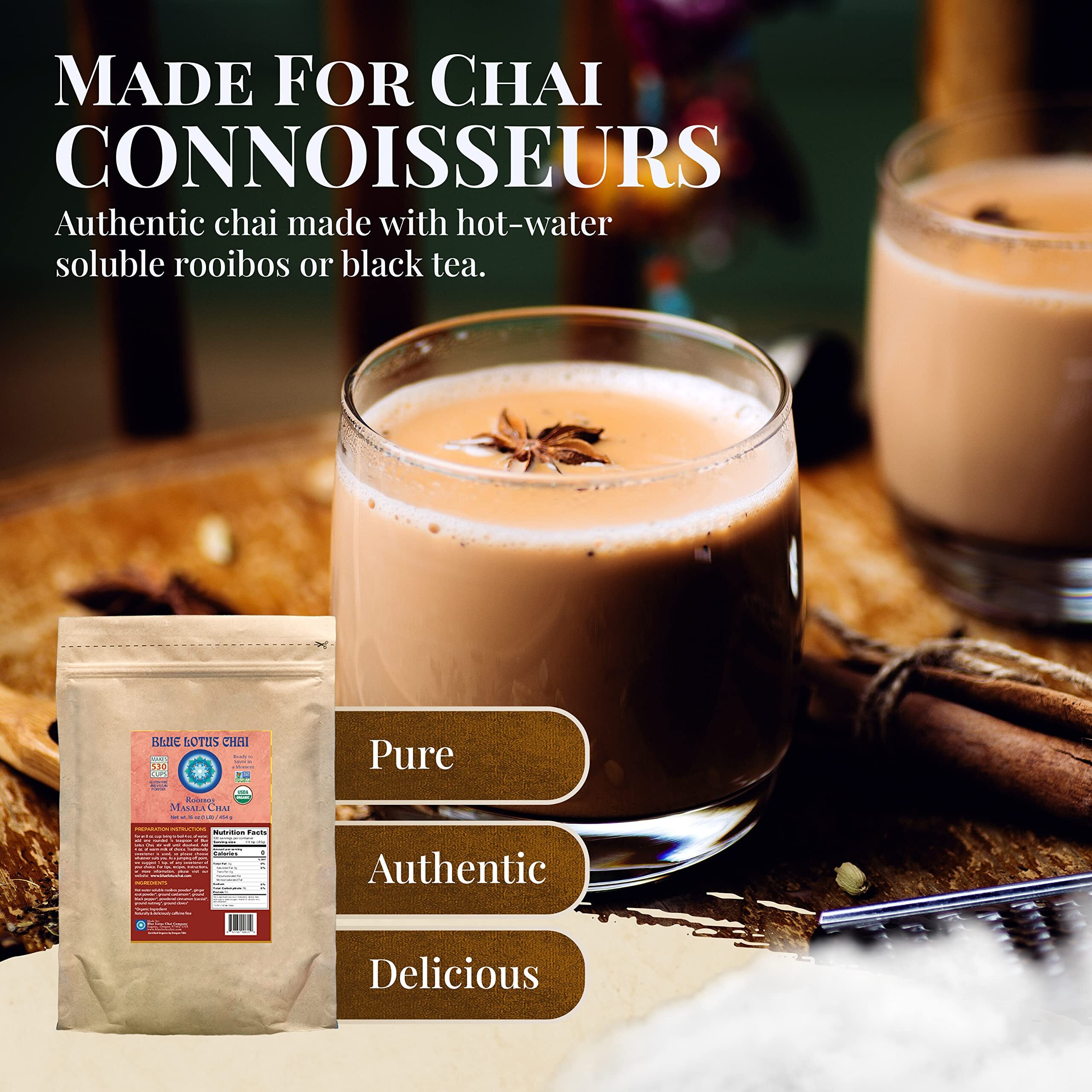 Blue Lotus Chai - Rooibos Masala Chai - Makes 530 Cups - 1 Pound Bulk Bag Masala Spiced Chai Powder With Organic Spices - Instant Indian Tea No Steeping - No Gluten