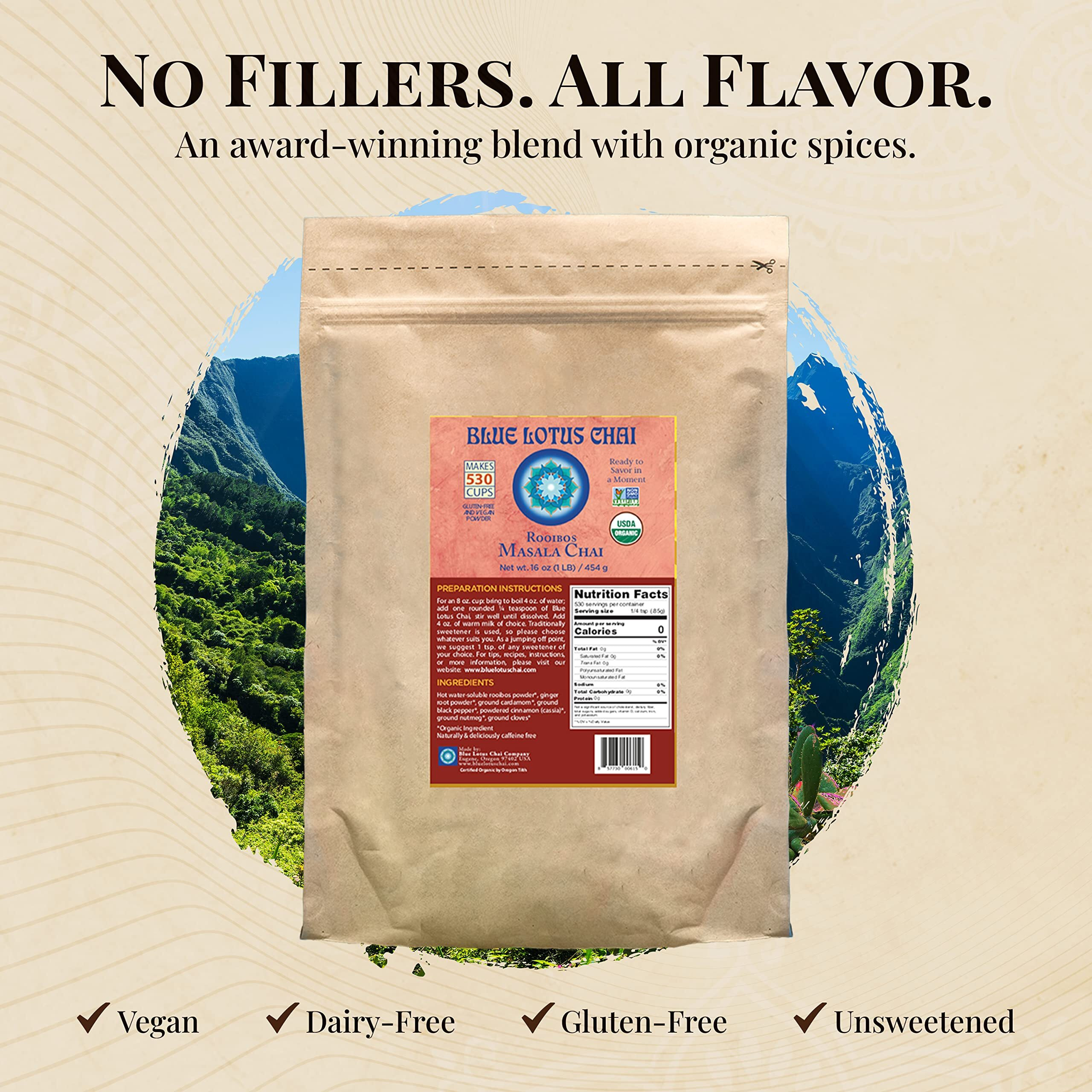 Blue Lotus Chai - Rooibos Masala Chai - Makes 530 Cups - 1 Pound Bulk Bag Masala Spiced Chai Powder With Organic Spices - Instant Indian Tea No Steeping - No Gluten