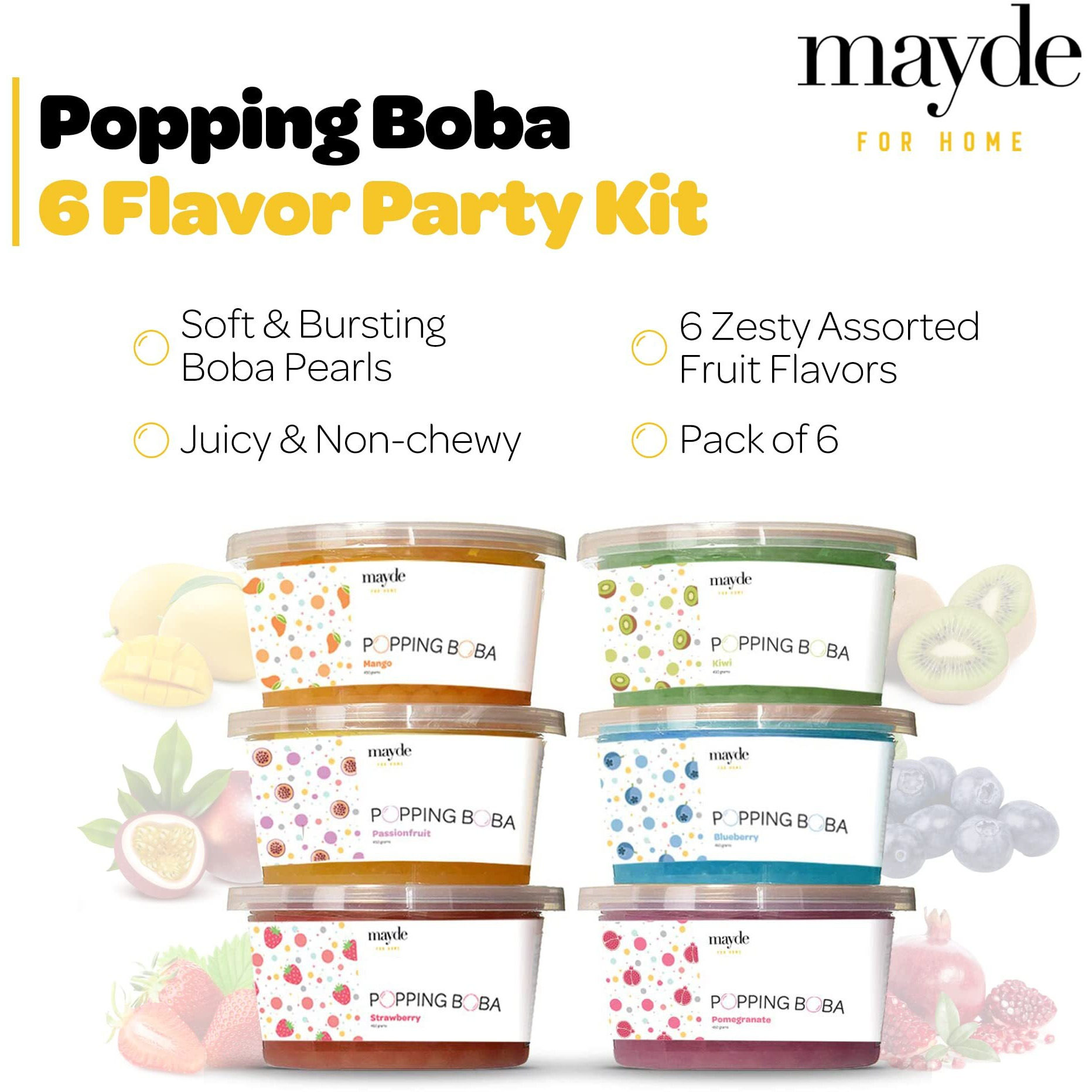 Mayde Bursting Popping Boba Pearls, Strawberry, Mango, Passion Fruit, Kiwi, Blueberry, Pomegranate - 6 Flavor Party Kit (490 Gms, 6 Pack)