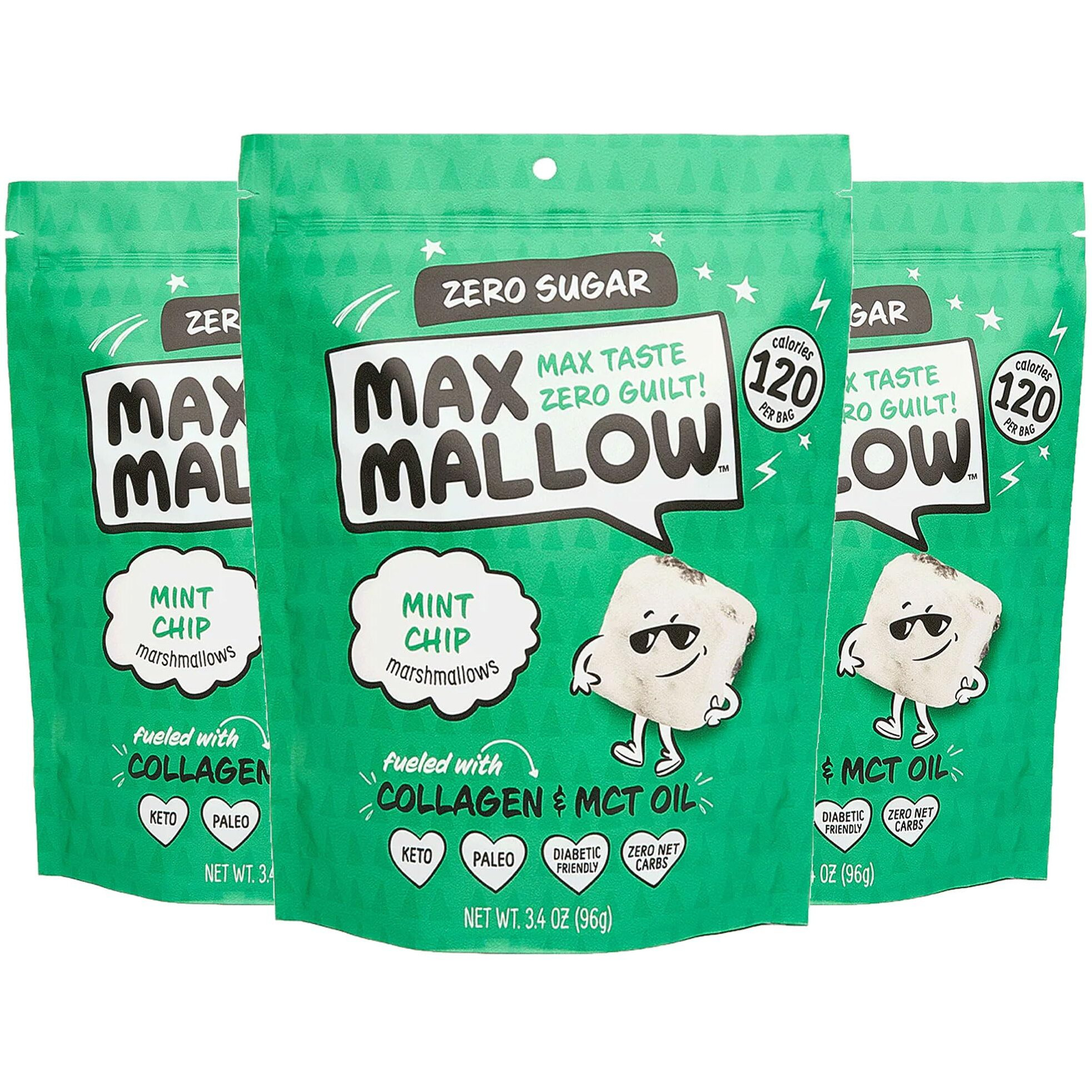 Know Brainer Max Mallow Mint Chip - Guilt-Free & Zero Sugar Marshmallows - Low Carb, Zero Fat, Gluten Free & Ketogenic - Marshmallow Fueled With Collagen, Mct Oil - Pack Of 3