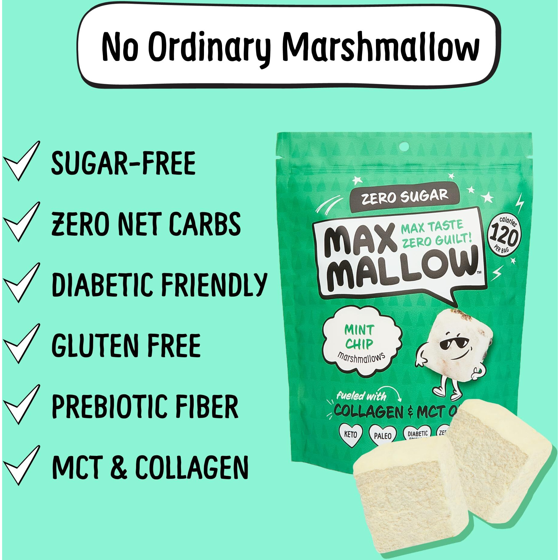 Know Brainer Max Mallow Mint Chip - Guilt-Free & Zero Sugar Marshmallows - Low Carb, Zero Fat, Gluten Free & Ketogenic - Marshmallow Fueled With Collagen, Mct Oil - Pack Of 3
