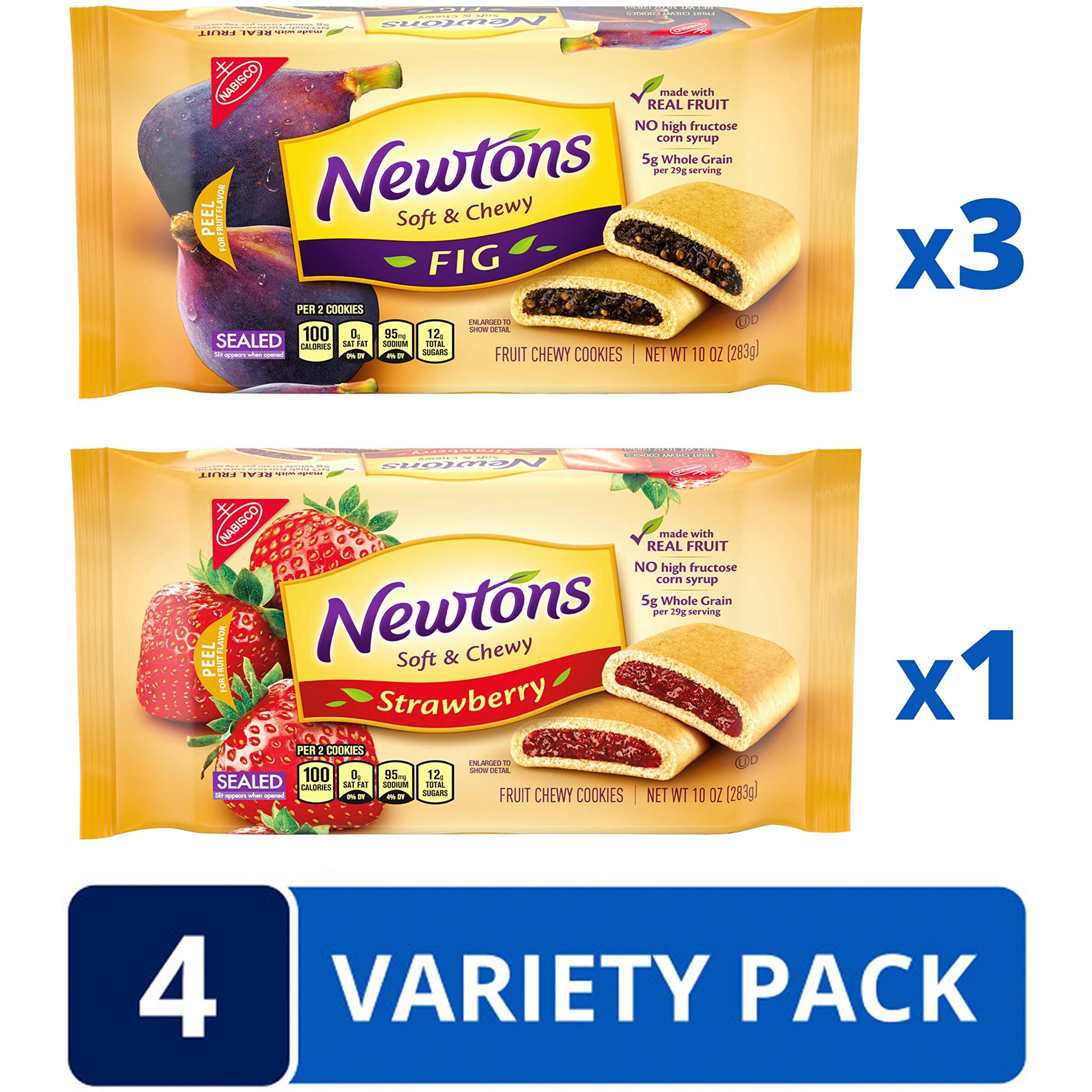 Newtons Soft & Fruit Chewy Fig & Strawberry Cookies Variety Pack, (Fig Bars, Strawberry Bars), 4 Packs