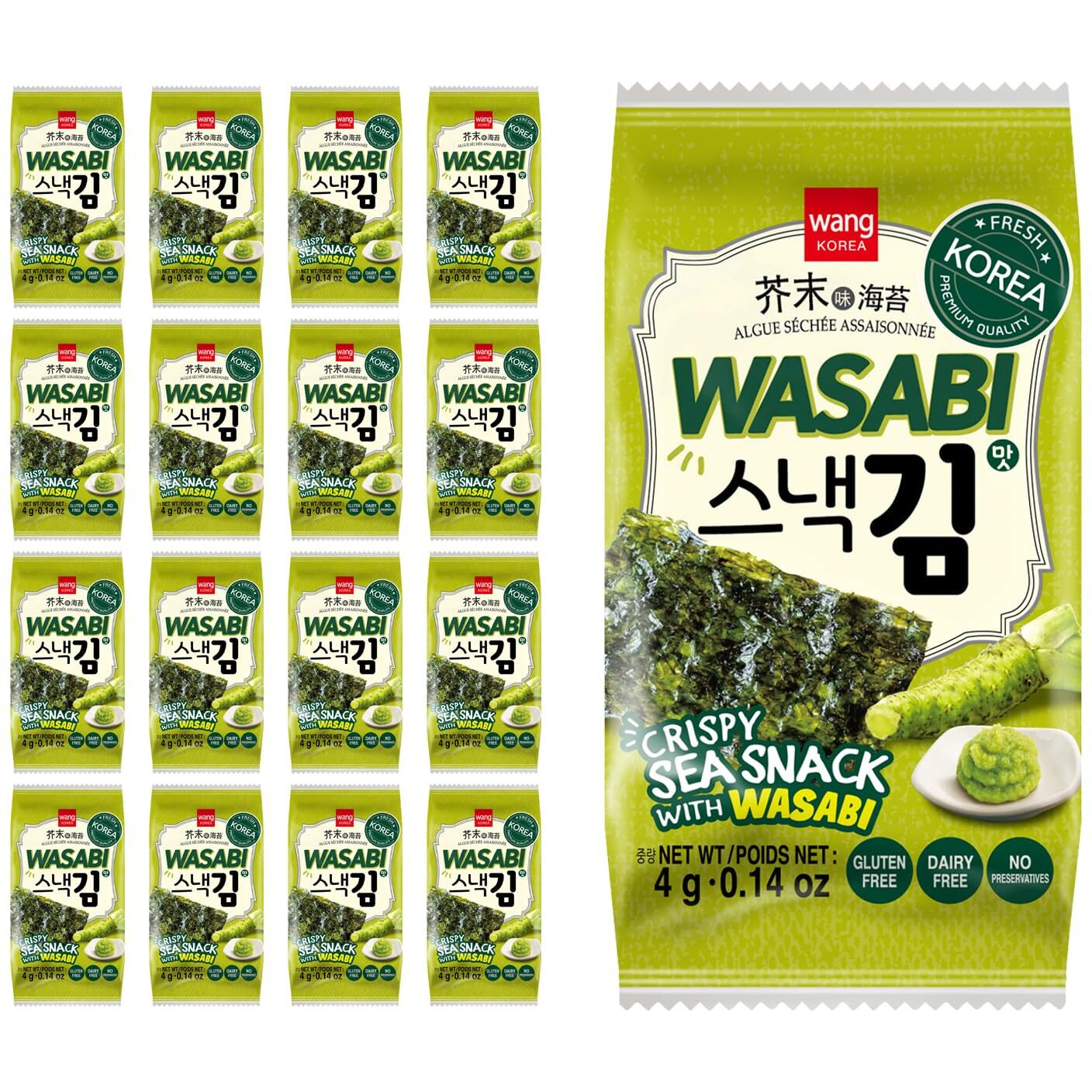 Wang Korean Roasted Seaweed Snack With Wasabi, Keto-Friendly, Vegan, Gluten-Free, Healthy Snack, Pack Of 16