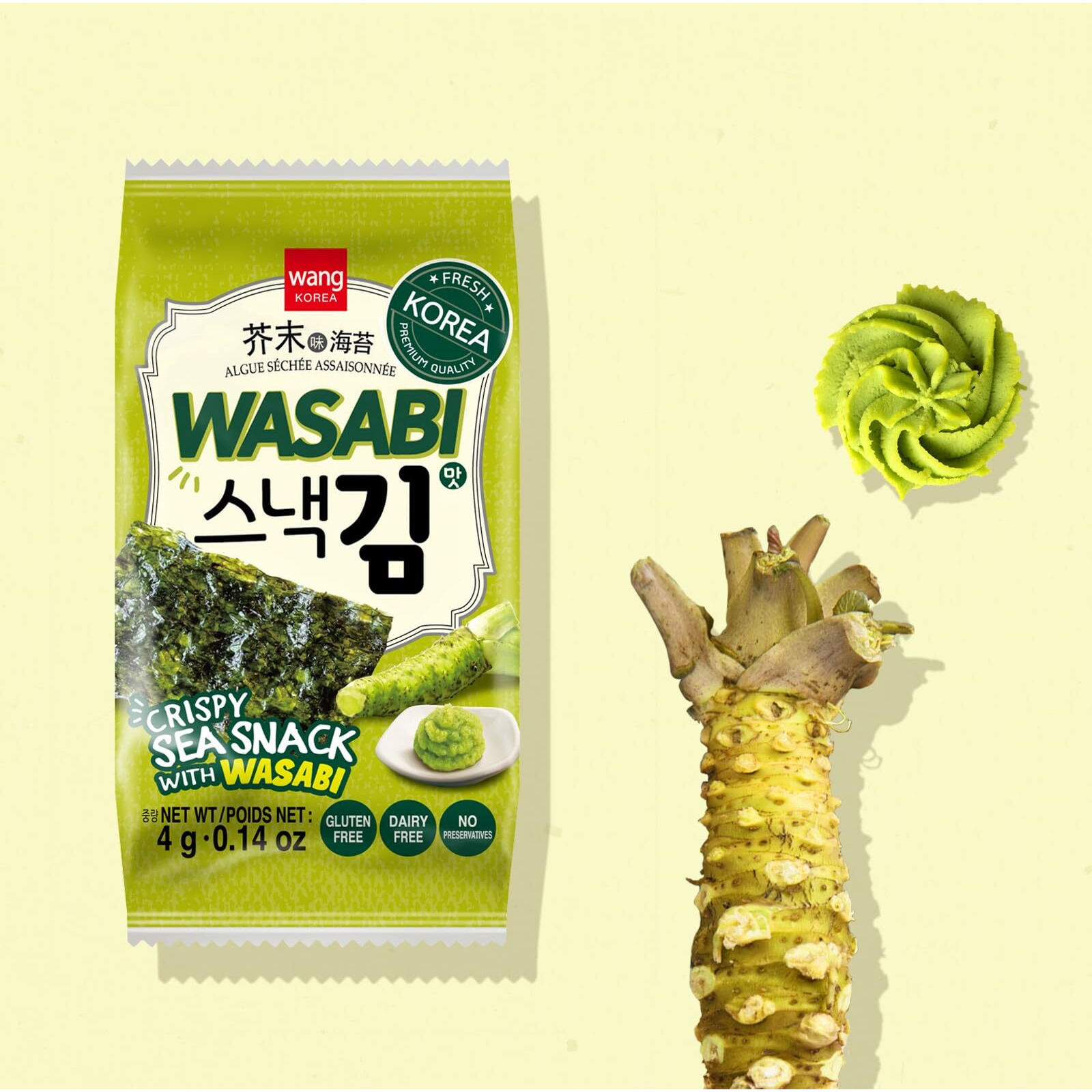 Wang Korean Roasted Seaweed Snack With Wasabi, Keto-Friendly, Vegan, Gluten-Free, Healthy Snack, Pack Of 16