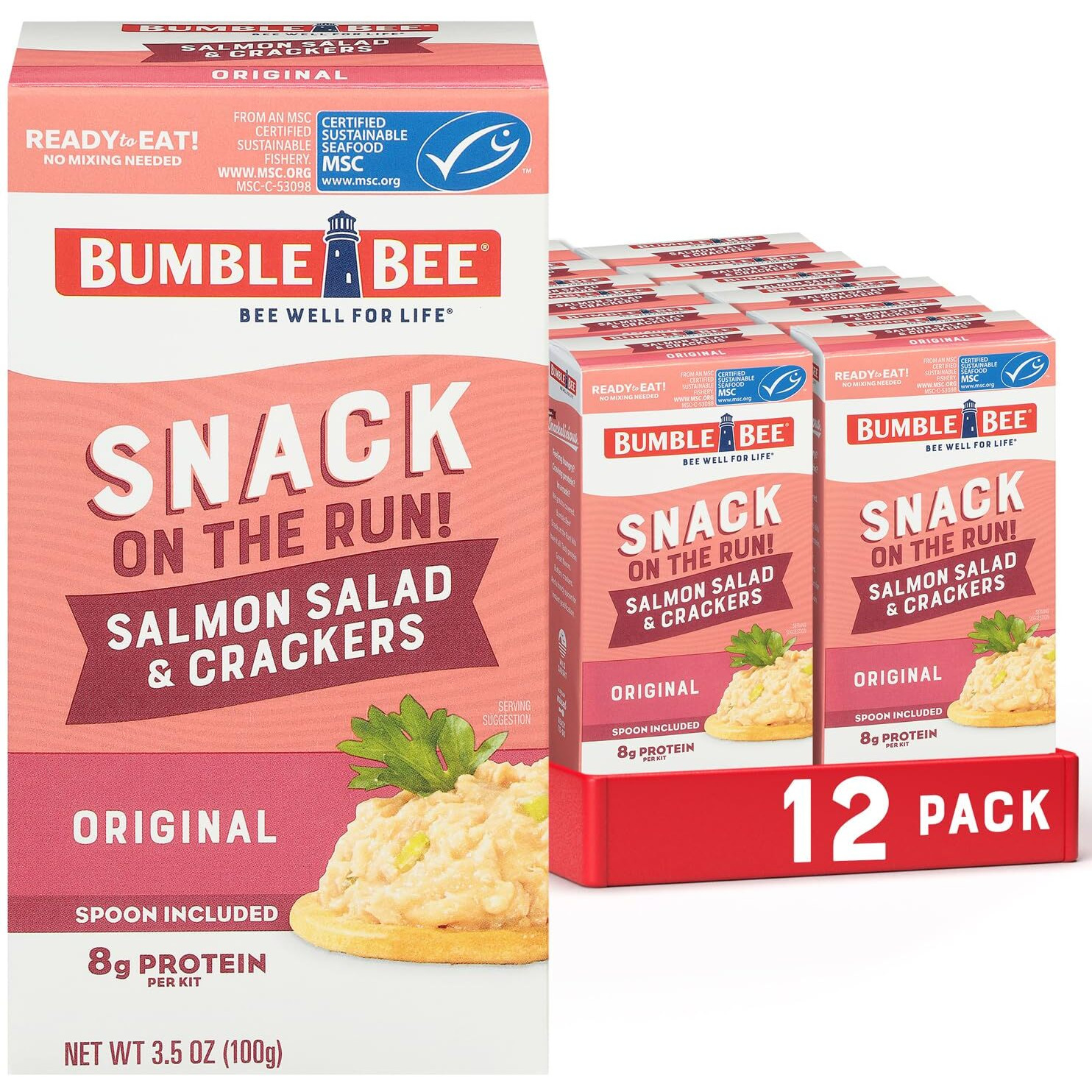 Bumble Bee Snack On The Run Salmon Salad With Crackers Kit, 3.5 Oz (Case Of 12) - Ready To Eat, Spoon Included - Wild Caught Salmon - Shelf Stable & Convenient Protein Snack