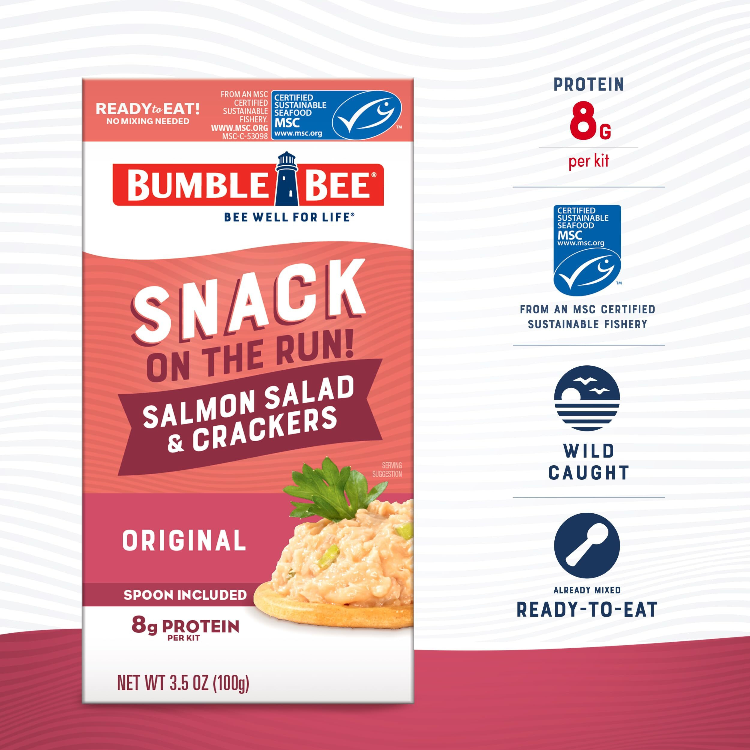 Bumble Bee Snack On The Run Salmon Salad With Crackers Kit, 3.5 Oz (Case Of 12) - Ready To Eat, Spoon Included - Wild Caught Salmon - Shelf Stable & Convenient Protein Snack