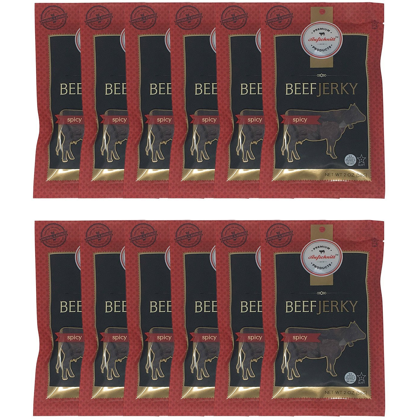 Aufschnitt Grass Fed Beef Jerky - Low Sodium, Certified Kosher - Made In Usa - Keto & Halal Friendly - 12 Pack, Spicy