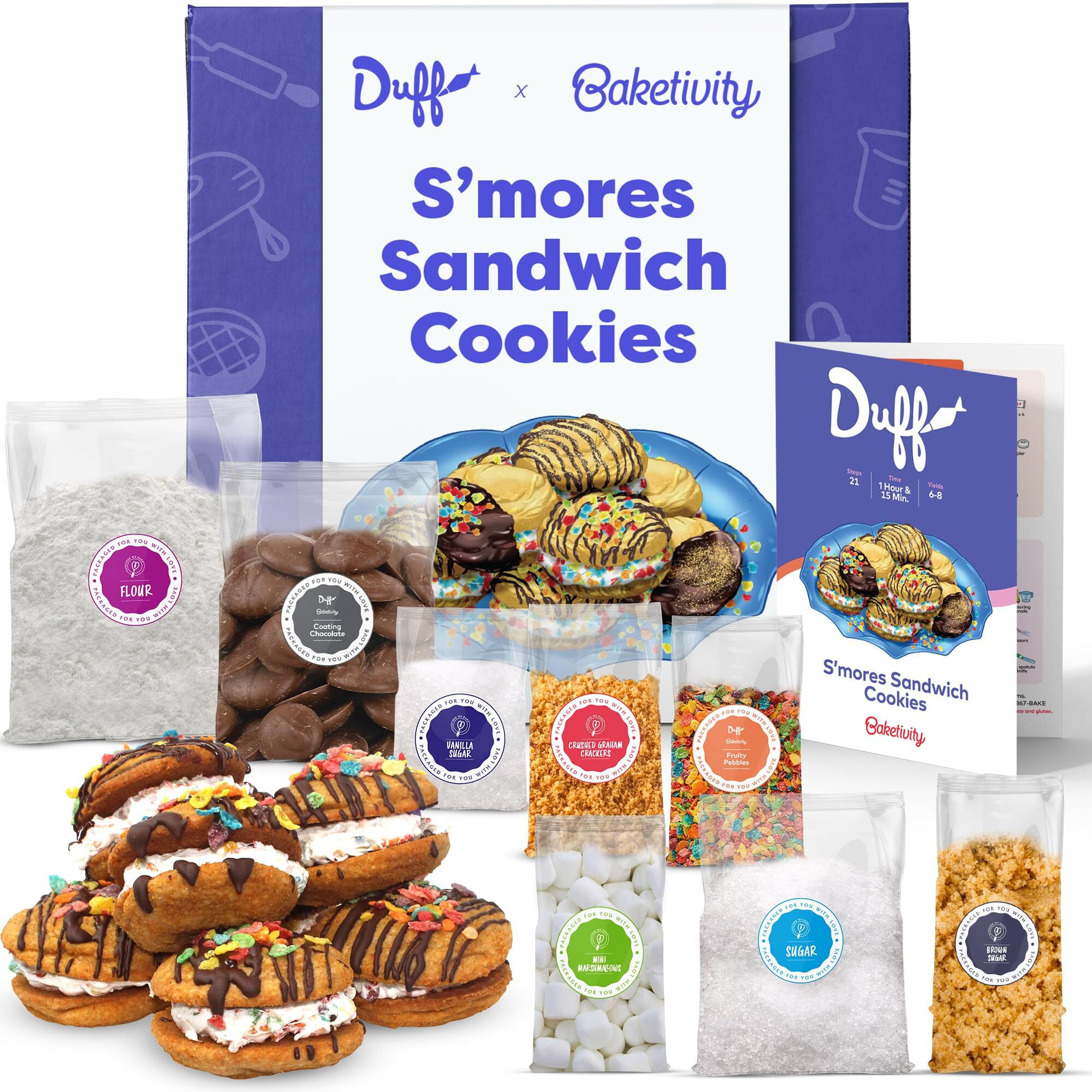 Baketivity X Duff Goldman Smores Sandwich Cookies Kit - Kids Baking Kit - Cooking Kits For Kids With Premeasured Ingredients, Decorating Supplies, Stem Activities - Kids Baking Sets For Girls, Boys Ages 6-12