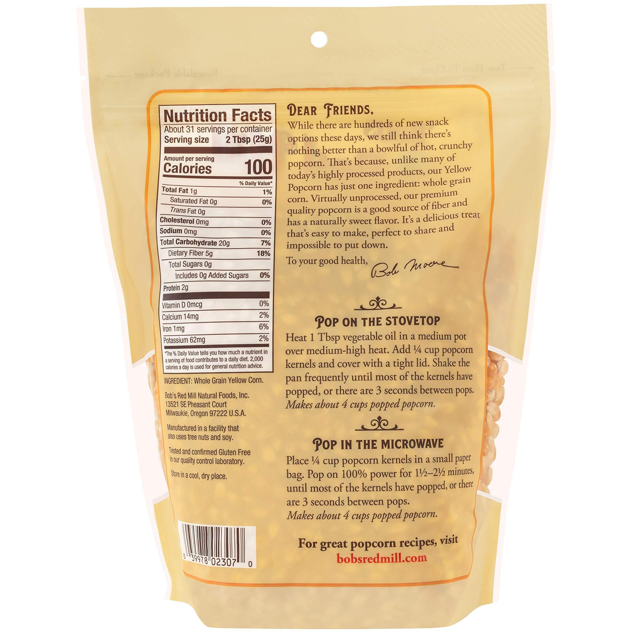 Bob's Red Mill Yellow Popcorn, 30Oz (Pack Of 4) - Non Gmo, Whole Grain, Vegan, Kosher