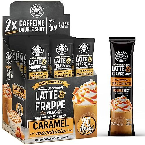 The Frozen Bean - Caramel Macchiato Frappe & Latte Instant Mix With Arabica Beans, 2X Caffienne, Low Sugar - For Hot, Iced, Or Frappuccino-Style Blended Drinks - (20) 0.53Oz Single Serve Sticks