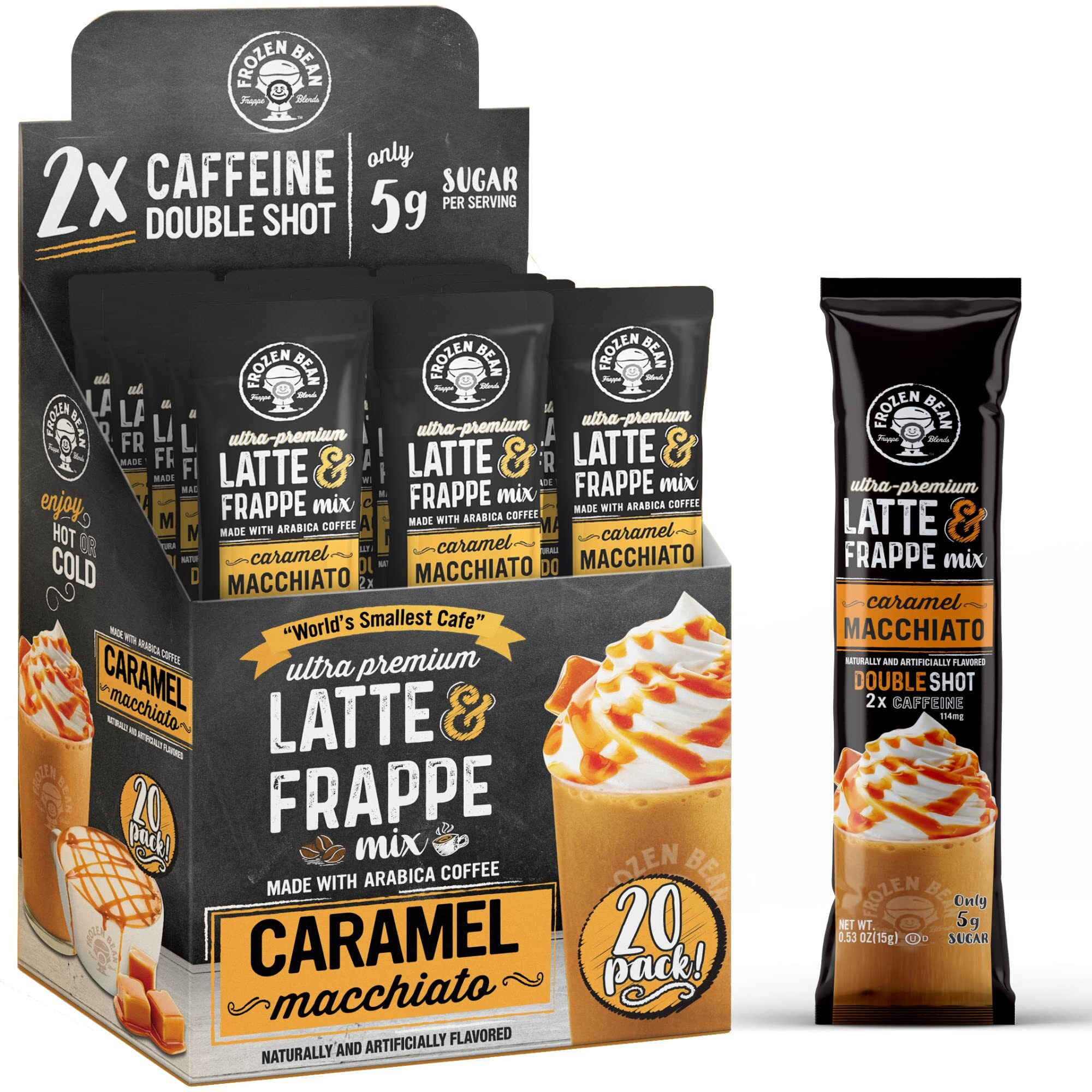 The Frozen Bean - Caramel Macchiato Frappe & Latte Instant Mix With Arabica Beans, 2X Caffienne, Low Sugar - For Hot, Iced, Or Frappuccino-Style Blended Drinks - (20) 0.53Oz Single Serve Sticks