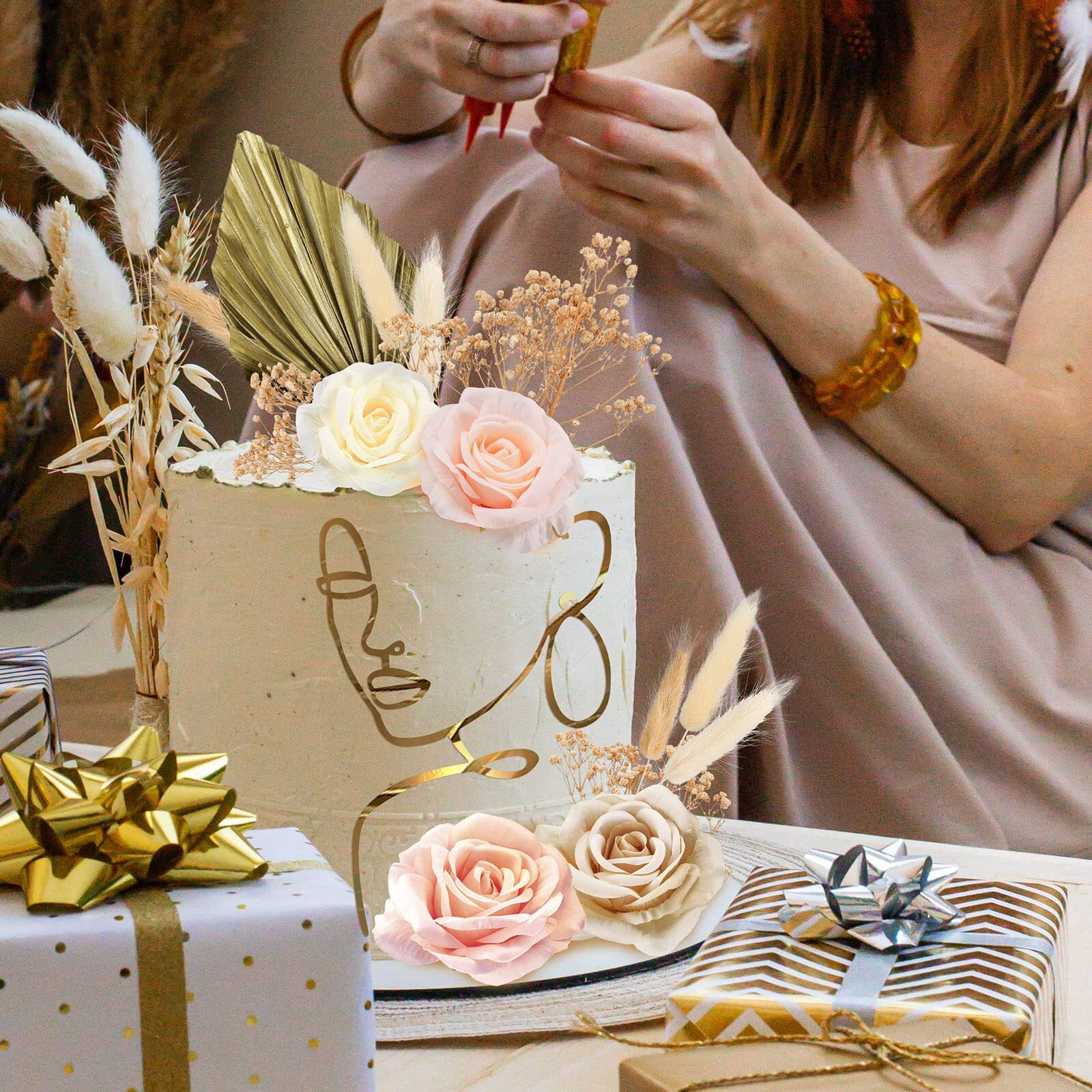21 Pcs Boho Cake Topper Decorations Acrylic Minimalist Art Lady Gold Face Vintage Artificial Rose Flower Wedding Cake Toppers For Wedding Bridal Shower