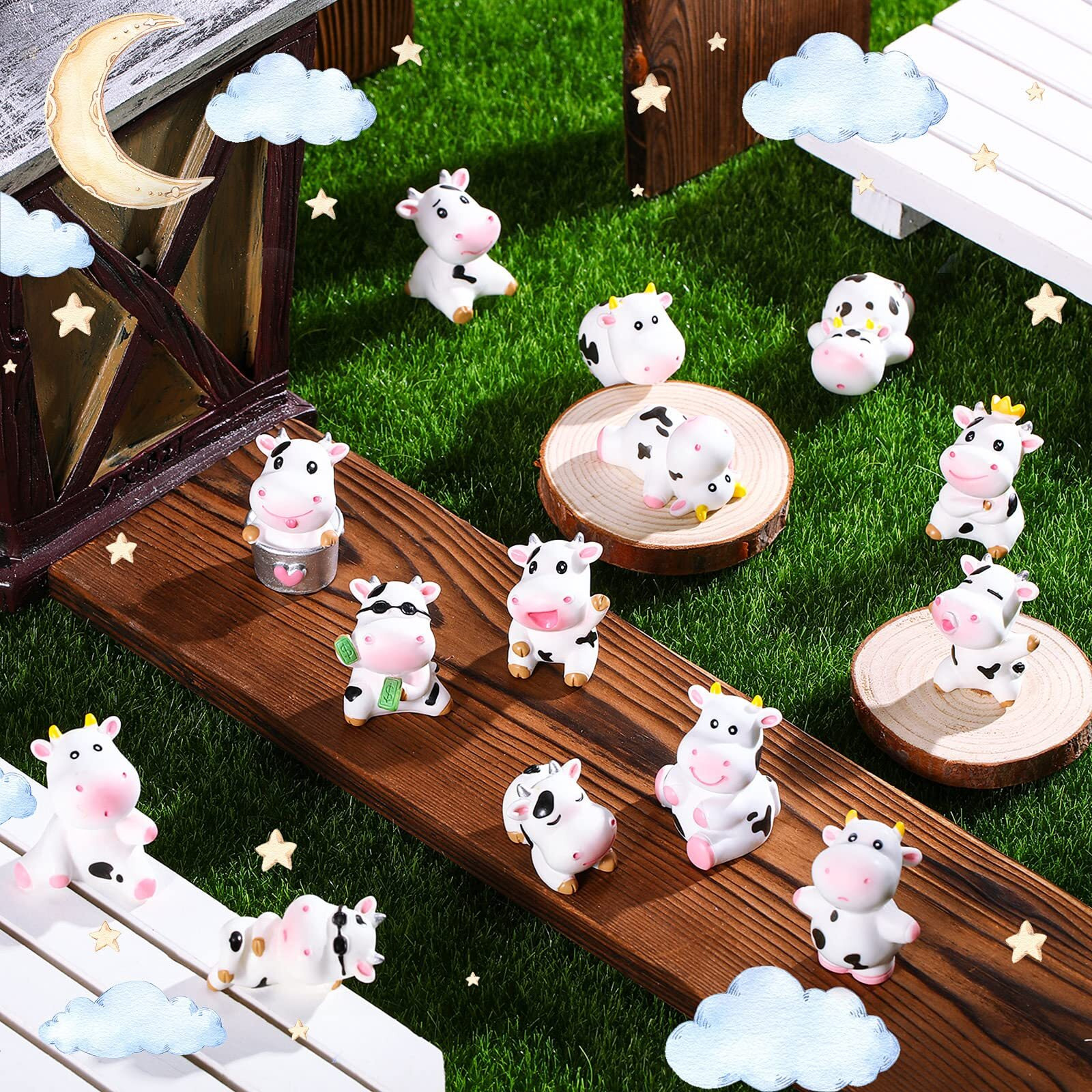 Blulu 28 Pieces Mini Cute Cow Animals Miniature Figurines Toys Cow Cake Toppers Resin Garden Miniature Moss Landscape Diy Terrarium Crafts Ornament For Cake Decoration Garden Home Party Decor