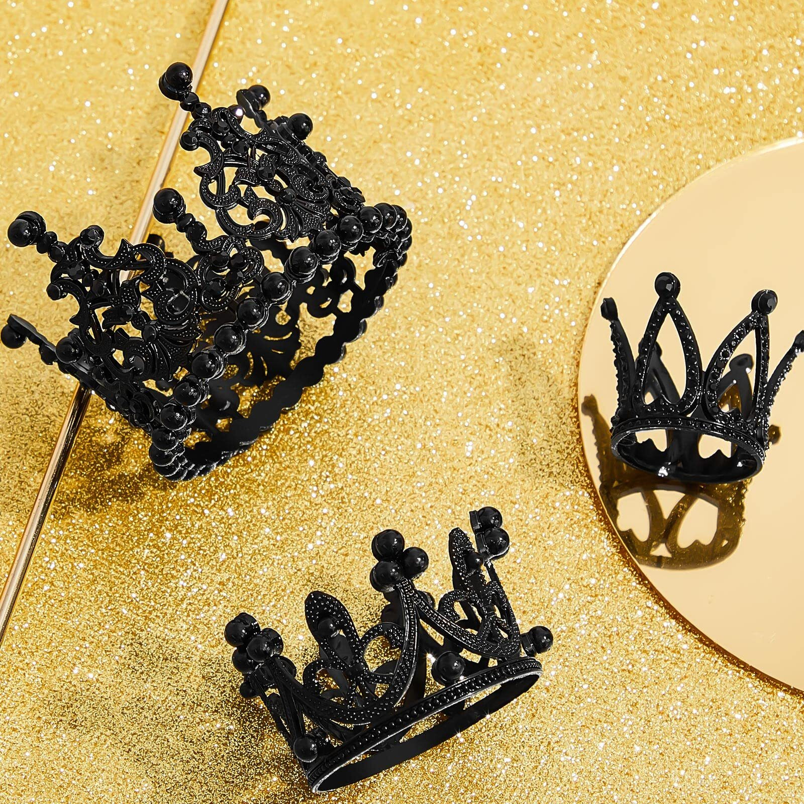 6 Pcs Crown Cake Topper Artificial Pearl Rhinestone Small Tiara Cake Topper Crowns For Decoration Birthday Wedding Baby Shower Party(Black)
