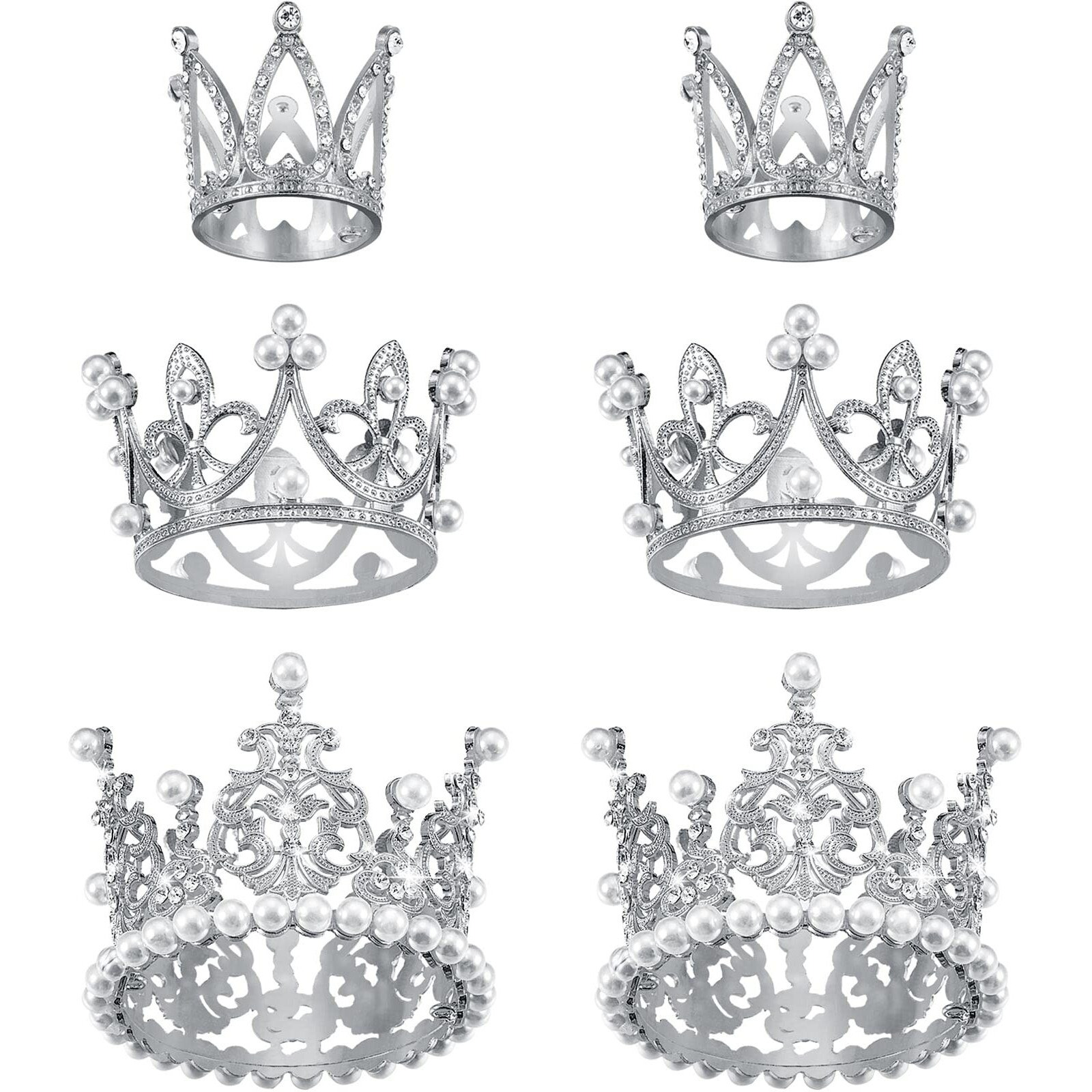 6 Pcs Crown Cake Topper Artificial Pearl Rhinestone Small Tiara Cake Topper Crowns For Decoration Birthday Wedding Baby Shower Party(Silver)