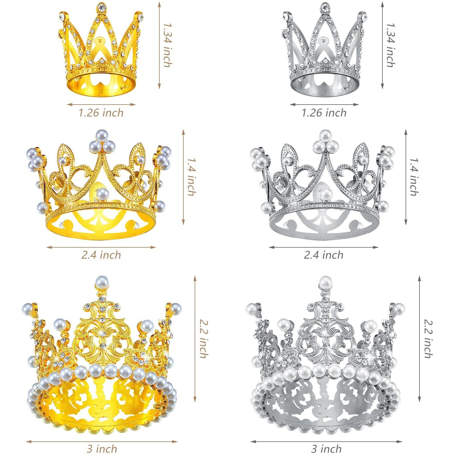 6 Pcs Crown Cake Topper Artificial Pearl Rhinestone Small Tiara Cake Topper Crowns For Decoration Birthday Wedding Baby Shower Party(Silver, Gold)