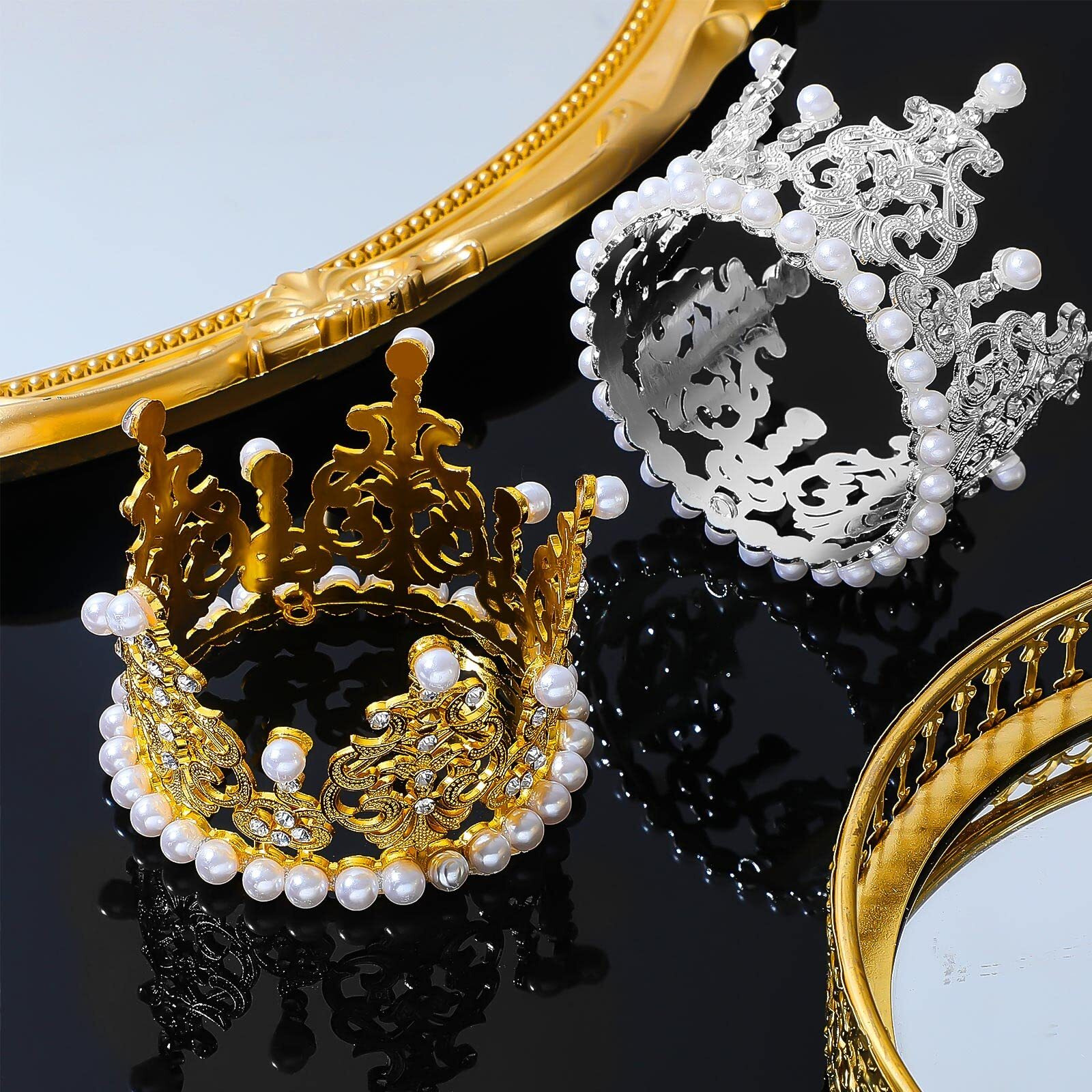 6 Pcs Crown Cake Topper Artificial Pearl Rhinestone Small Tiara Cake Topper Crowns For Decoration Birthday Wedding Baby Shower Party(Silver, Gold)