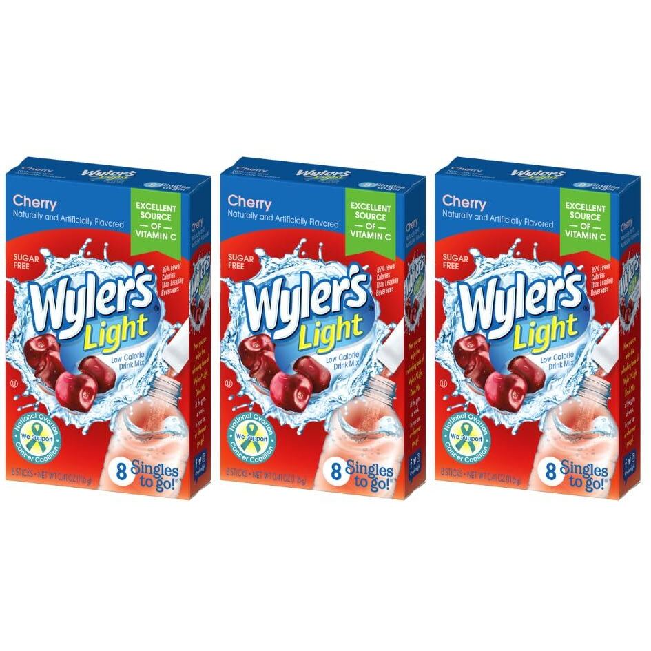 Wyler's Light Singles To Go Powder Packets, Water Drink Mix, Cherry, 8 Packets Per Box, 24 Total Packets (Pack Of 3)
