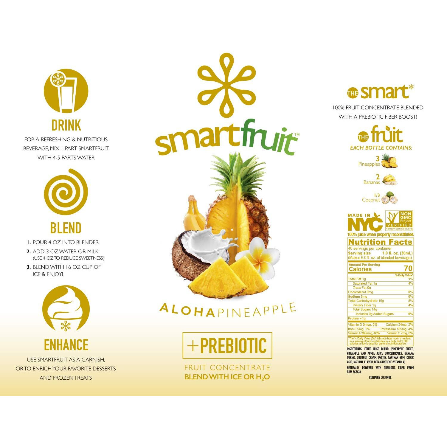Smartfruit Aloha Pineapple + Prebiotic, 100% Real Fruit Pur  E, Non-Gmo, No Additives, Vegan - 48 Fl. Oz