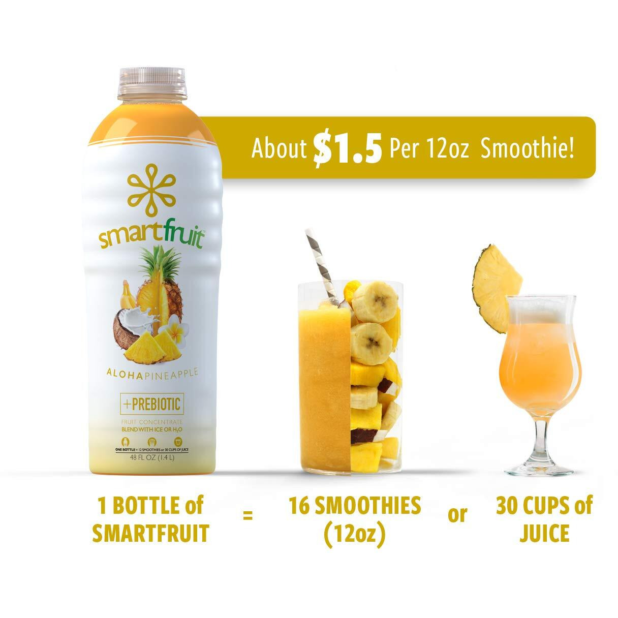 Smartfruit Aloha Pineapple + Prebiotic, 100% Real Fruit Pur  E, Non-Gmo, No Additives, Vegan - 48 Fl. Oz