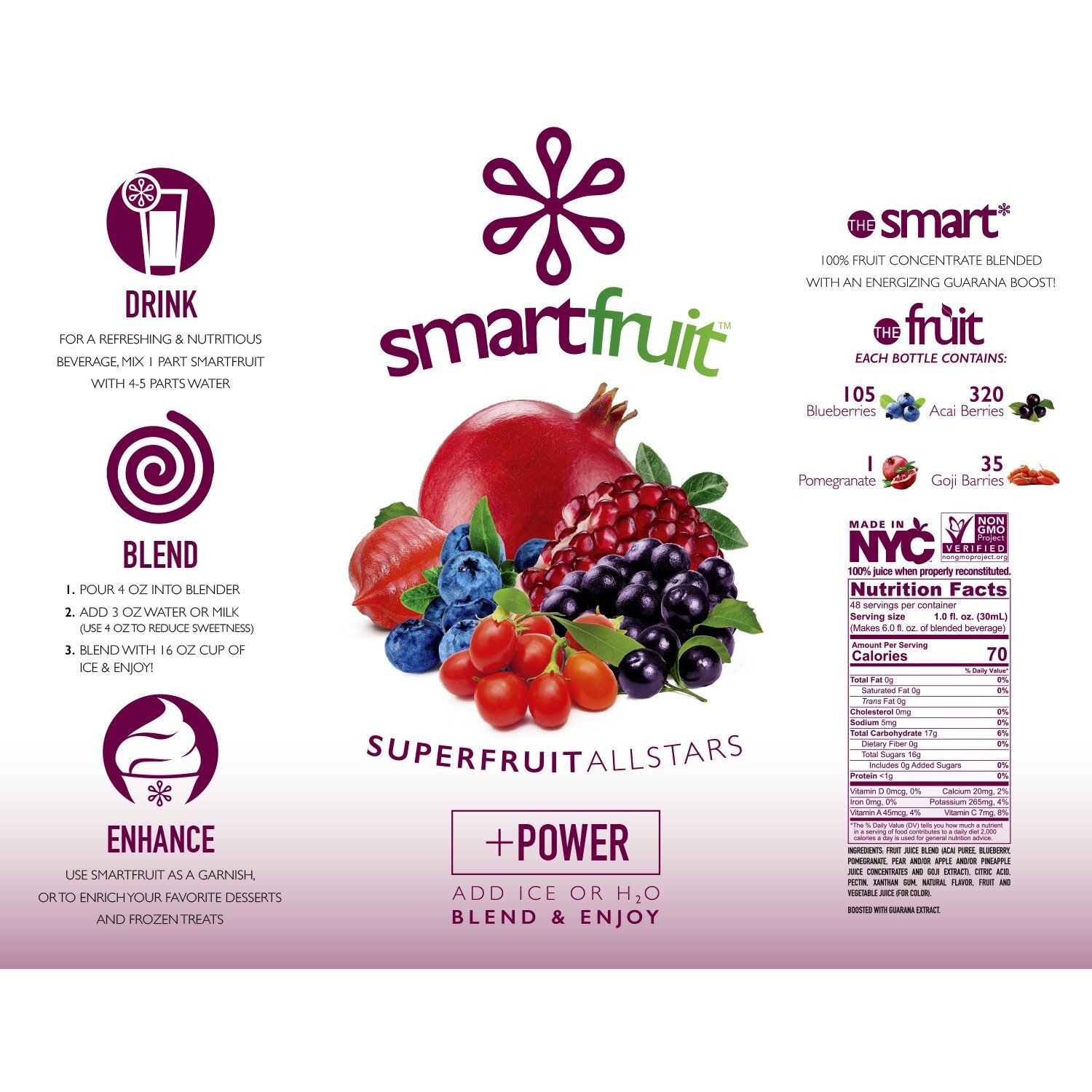 Smartfruit Superfruit All-Stars + Power, 100% Real Fruit Pur  E, Non-Gmo, No Additives, Vegan - 48 Fl. Oz
