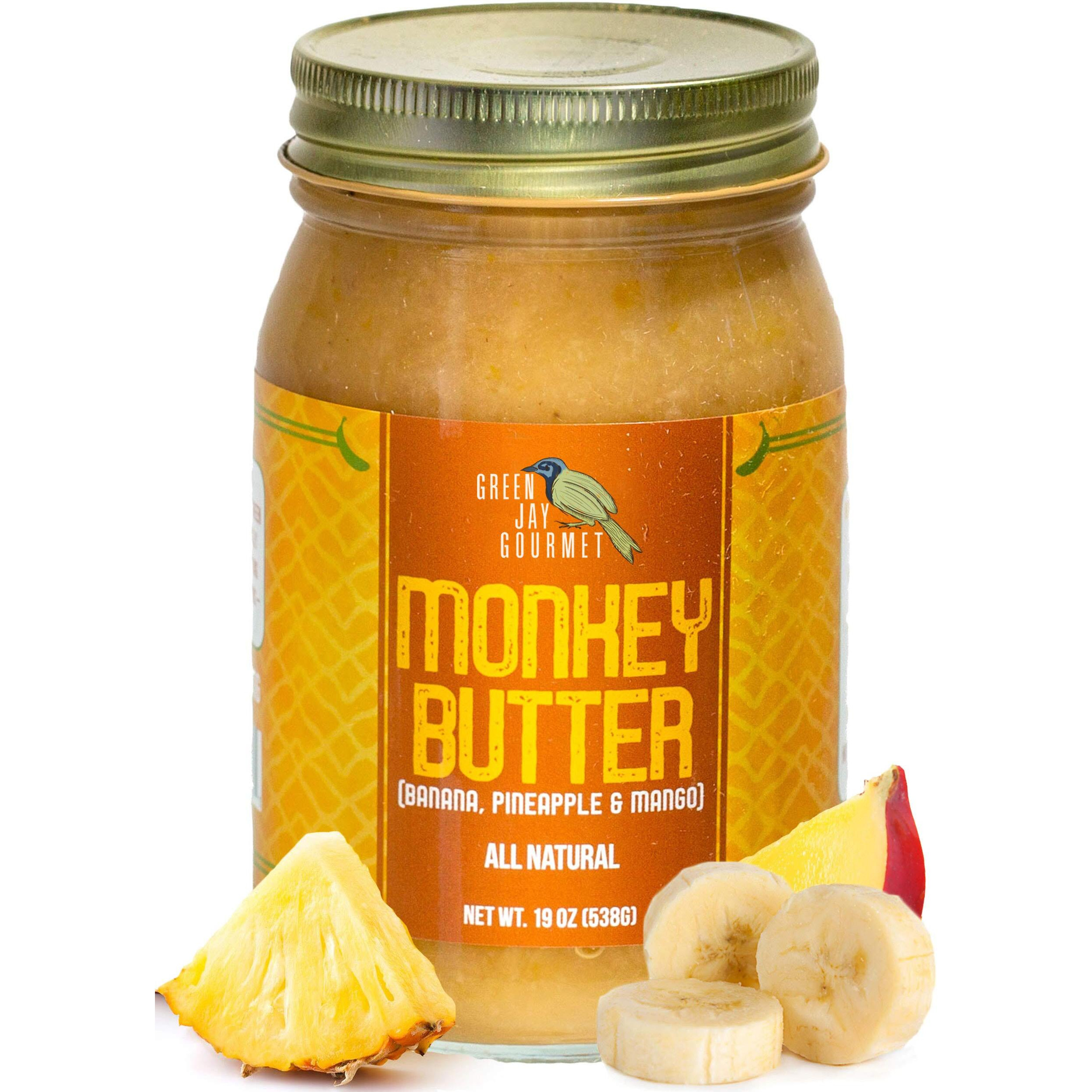 Green Jay Gourmet Monkey Butter - All-Natural, Gluten-Free Banana Butter - Pineapple Spread With Bananas & Mango - Gourmet Fruit Butter - No Corn Syrup, Preservatives Or Trans-Fats - 19 Ounces
