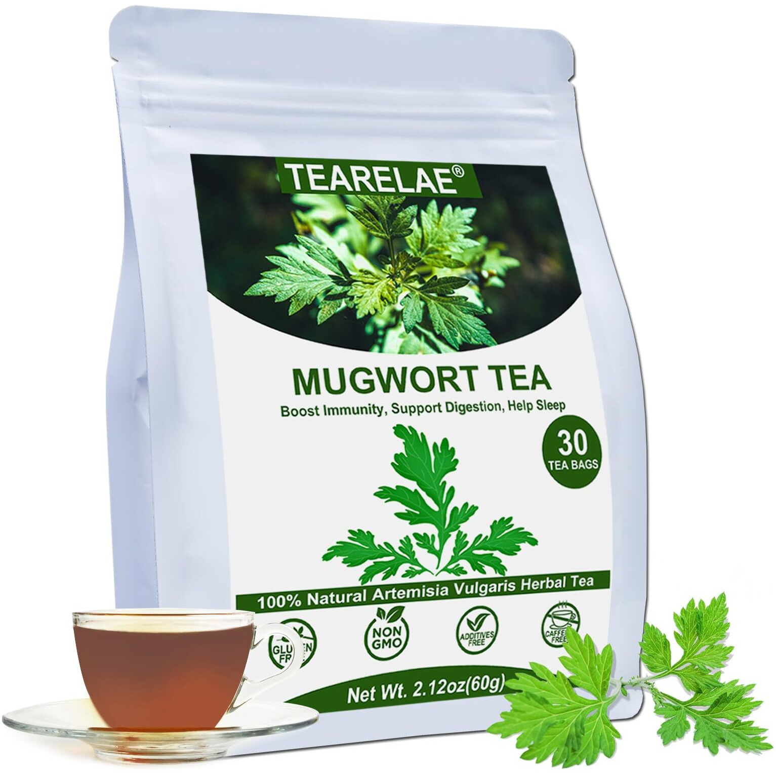 Tearelae - Mugwort Tea - 2G X 30 Count - 100% Pure Natural Dried Herbs - Premium Mugwort Herb Dried - Non-Gmo - Sulfur-Free
