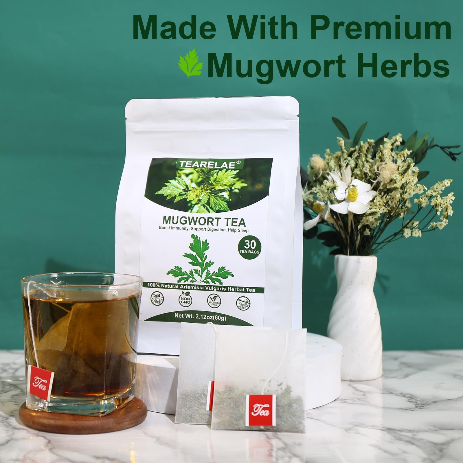 Tearelae - Mugwort Tea - 2G X 30 Count - 100% Pure Natural Dried Herbs - Premium Mugwort Herb Dried - Non-Gmo - Sulfur-Free