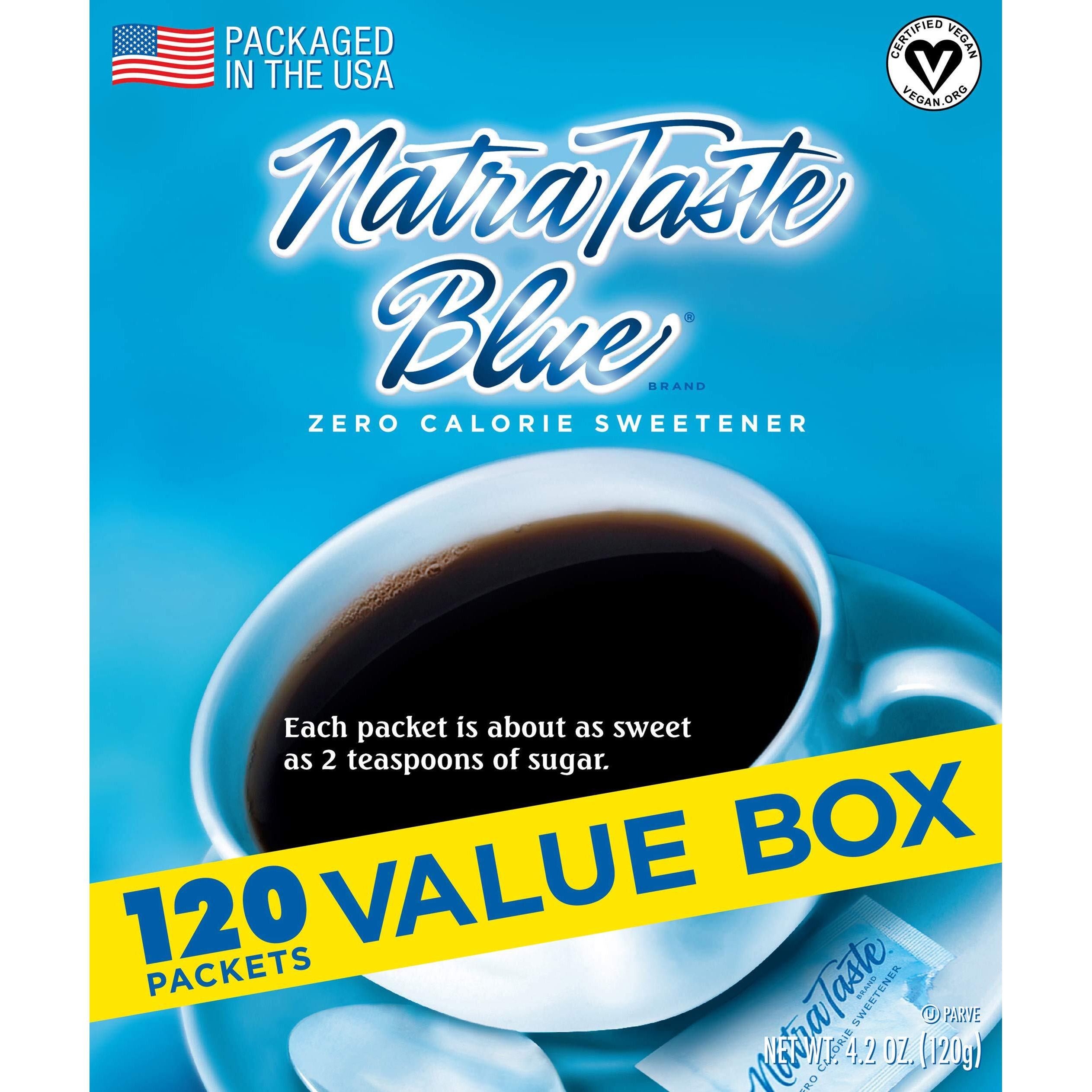 Natrataste Blue Zero Calorie Sweetener, Bulk Sugar Substitute For Coffee, Iced Tea, Lemonade, Hot & Cold Drinks, Baking, Cooking, Low Carb, Vegan, Sugar Alternative, 120 Packets Value Box (12 Pack)
