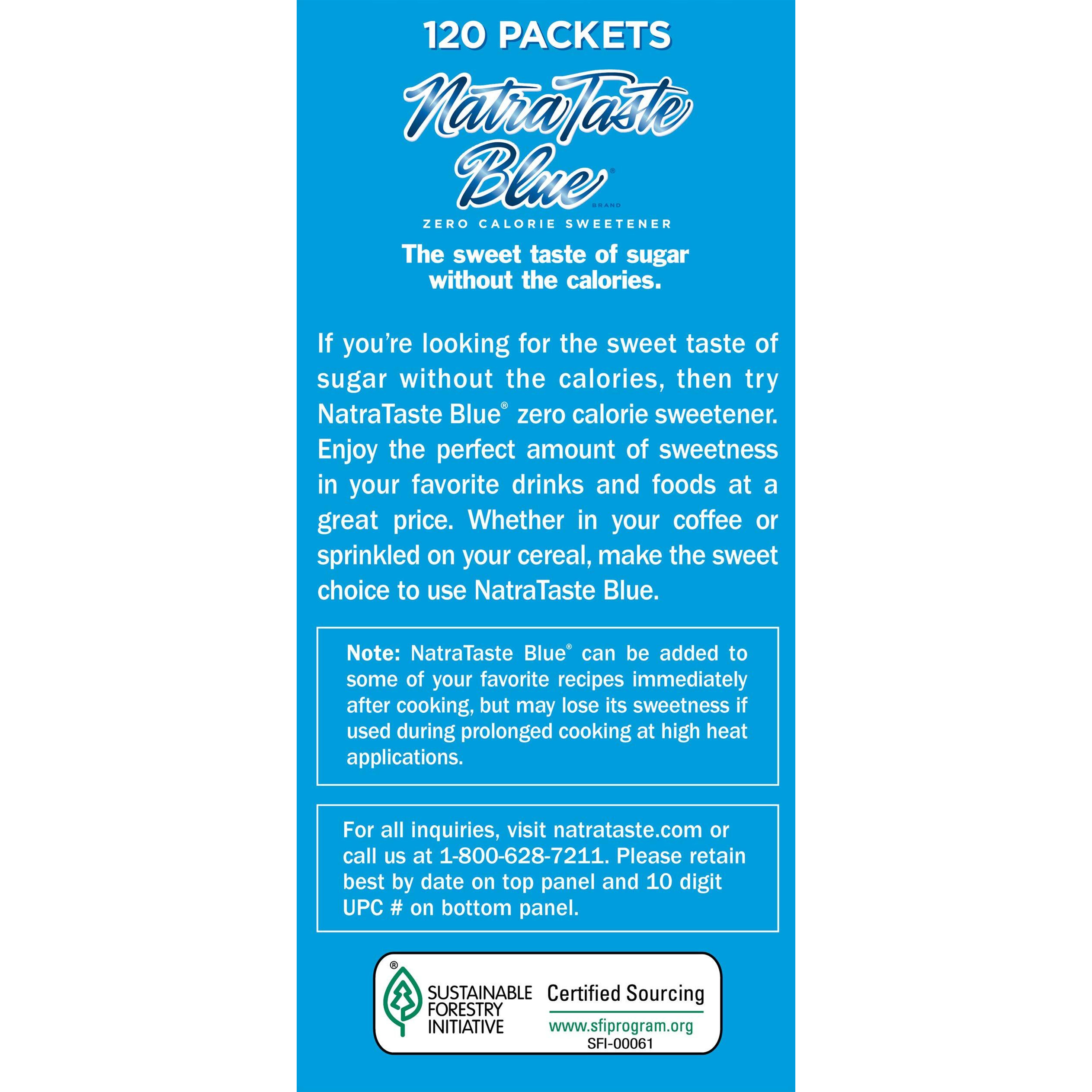 Natrataste Blue Zero Calorie Sweetener, Bulk Sugar Substitute For Coffee, Iced Tea, Lemonade, Hot & Cold Drinks, Baking, Cooking, Low Carb, Vegan, Sugar Alternative, 120 Packets Value Box (12 Pack)