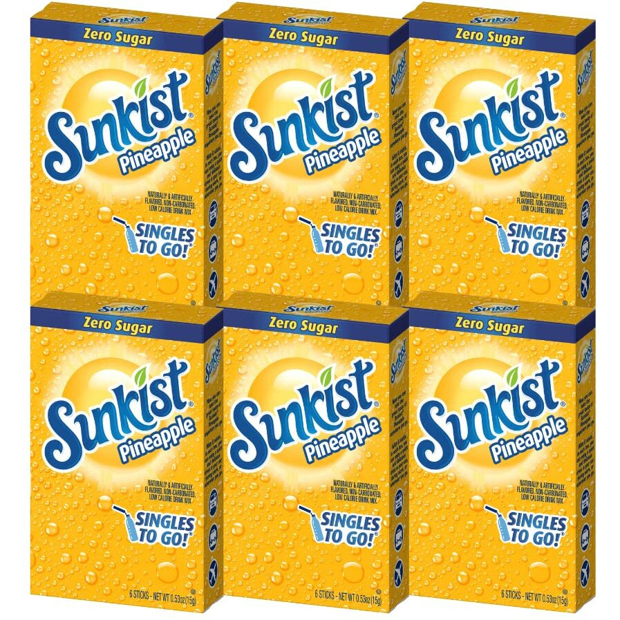 Sunkist Singles-To-Go Drink Mix, Pineapple, Non-Carbonated, Low-Calorie, Zero Sugar, 6 Ct In Each Box (Pack Of 6)