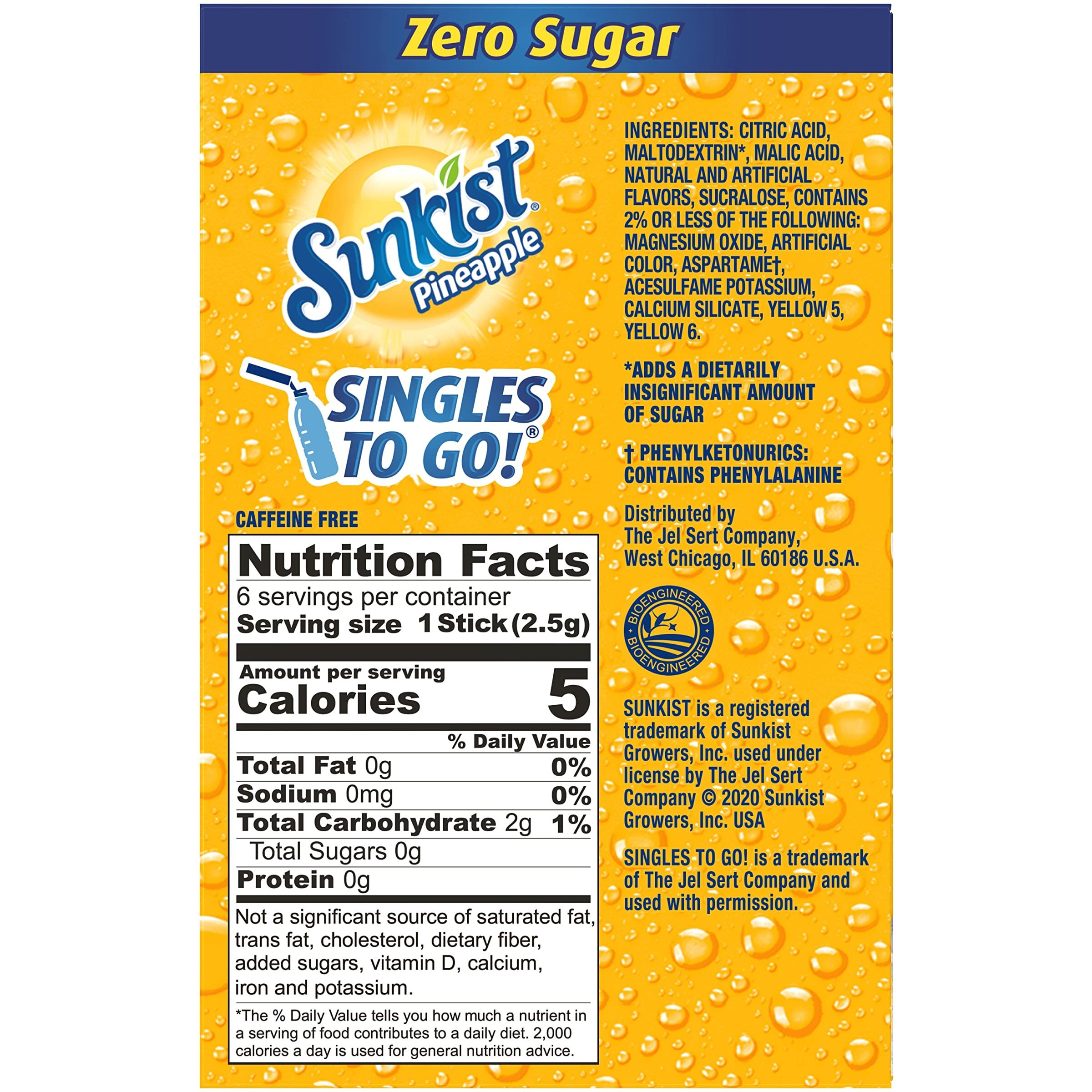 Sunkist Singles-To-Go Drink Mix, Pineapple, Non-Carbonated, Low-Calorie, Zero Sugar, 6 Ct In Each Box (Pack Of 6)