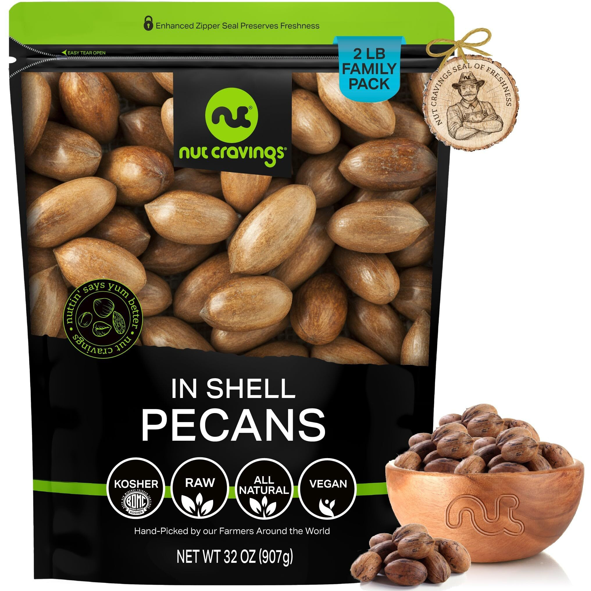 Nut Cravings - Raw Hard Shell Pecans, (32Oz - 2 Lb) Bulk Nuts Packed Fresh In Resealable Bag - Healthy Protein Food Snack, All Natural, Keto, Vegan, Kosher Ideal For Trail Mixed Nuts