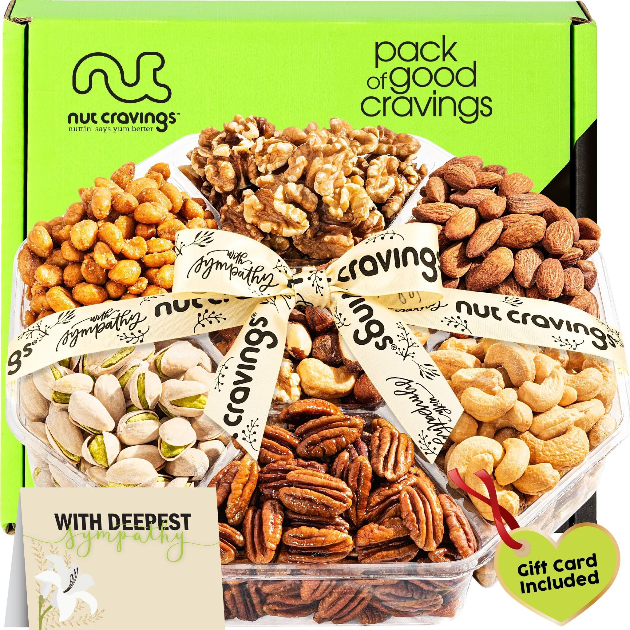 Nut Cravings Gourmet Collection - Sympathy Nuts Gift Basket With Sympathy Ribbon + Greeting Card (7 Assortments) Food Bouquet Platter, Condolence Care Package Healthy Kosher