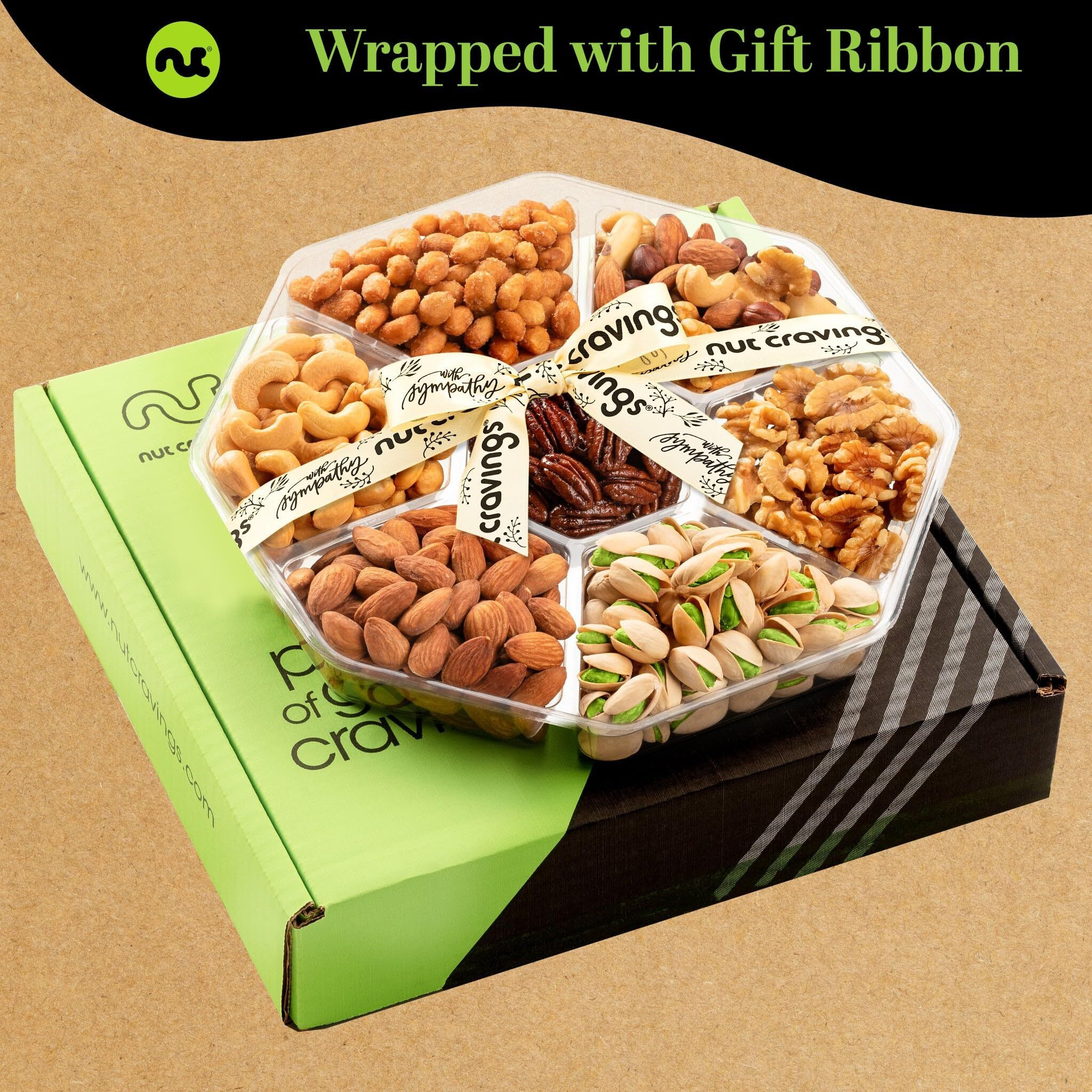 Nut Cravings Gourmet Collection - Sympathy Nuts Gift Basket With Sympathy Ribbon + Greeting Card (7 Assortments) Food Bouquet Platter, Condolence Care Package Healthy Kosher