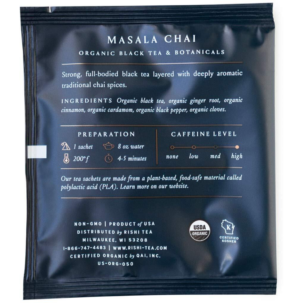 Rishi Tea Masala Chai Black Sachet Tea Bag Blend - Organic, Assam With Whole Spices, Energizing & Caffeinated - 50 Count
