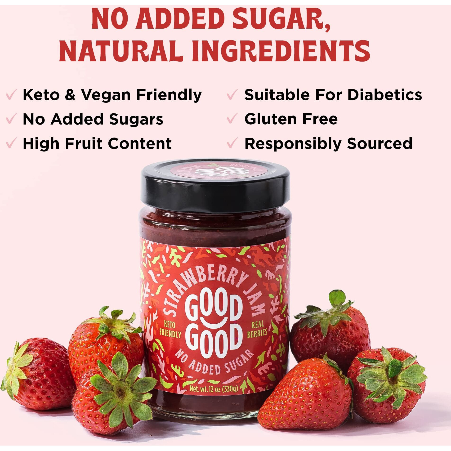 Good Good Sweet Strawberry Jam - Low Calorie, Low Carb & No Added Sugars - Keto Friendly Jelly - Vegan - Gluten Free - Preserves - 12 Ounce (Pack Of 4)