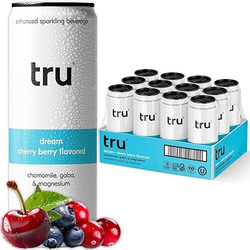 Tru Dream Seltzer, Cherry Berry, Sparkling Water With Chamomile, Gaba, Magnesium & Tart Cherry Juice, Sweetened With Monk Fruit & Stevia, Gluten Free, Vegan, Caffeine Free, 12 Fl Oz Cans, 12 Pack