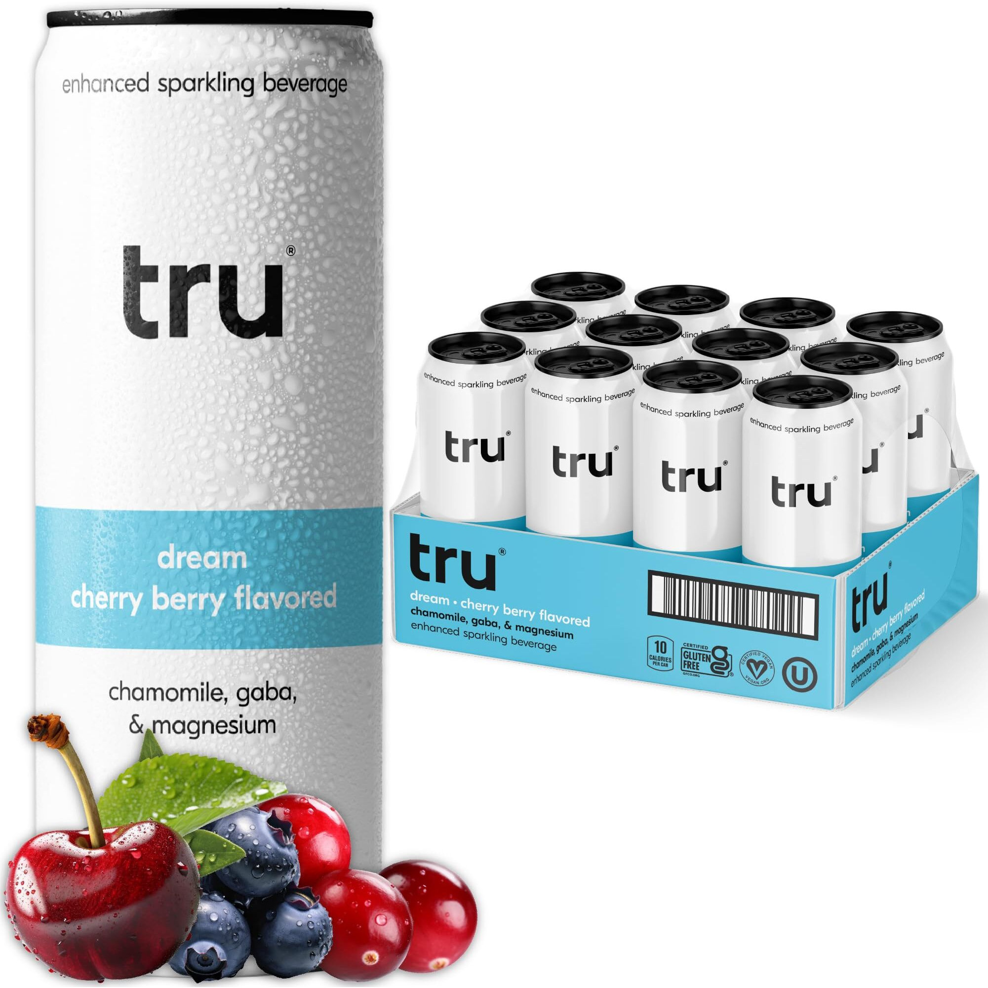 Tru Dream Seltzer, Cherry Berry, Sparkling Water With Chamomile, Gaba, Magnesium & Tart Cherry Juice, Sweetened With Monk Fruit & Stevia, Gluten Free, Vegan, Caffeine Free, 12 Fl Oz Cans, 12 Pack
