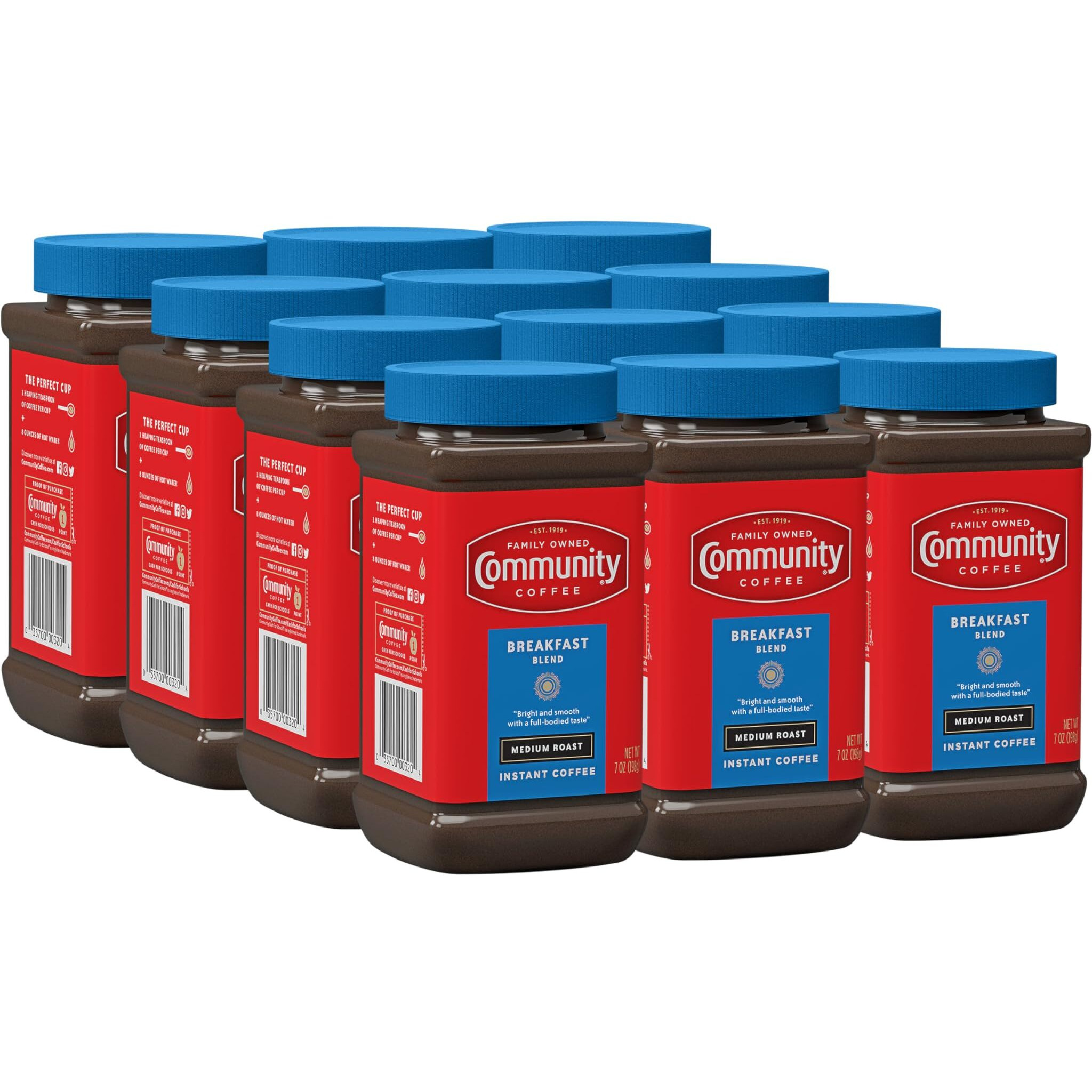 Community Coffee Breakfast Blend Instant Coffee, Medium Roast, 7 Ounce Jar (Pack Of 12)