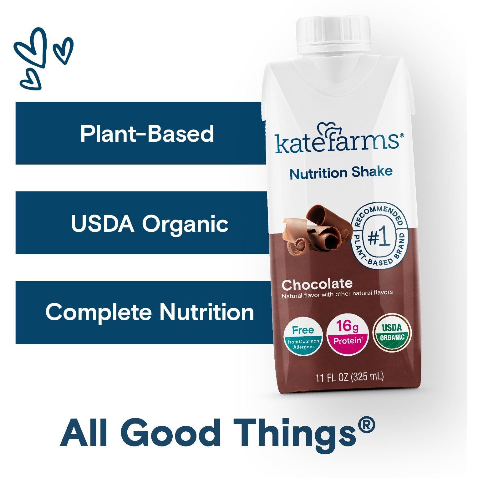 Kate Farms Organic Nutrition Shake, Chocolate, 16G Protein, 27 Vitamins And Minerals, Protein Meal Replacement Drink, Plant Based, 11 Oz (6 Pack)