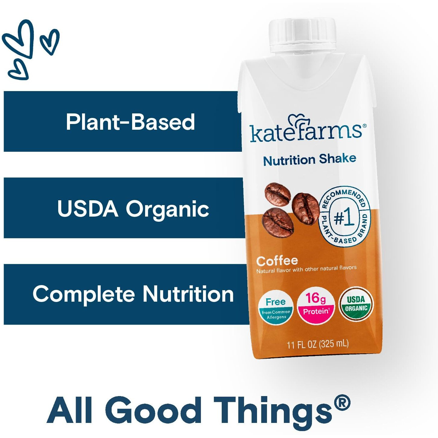 Kate Farms Organic Nutrition Shake, Coffee, 16G Protein, 27 Vitamins And Minerals, Protein Meal Replacement Drink, Plant Based, 11 Oz (6 Pack)