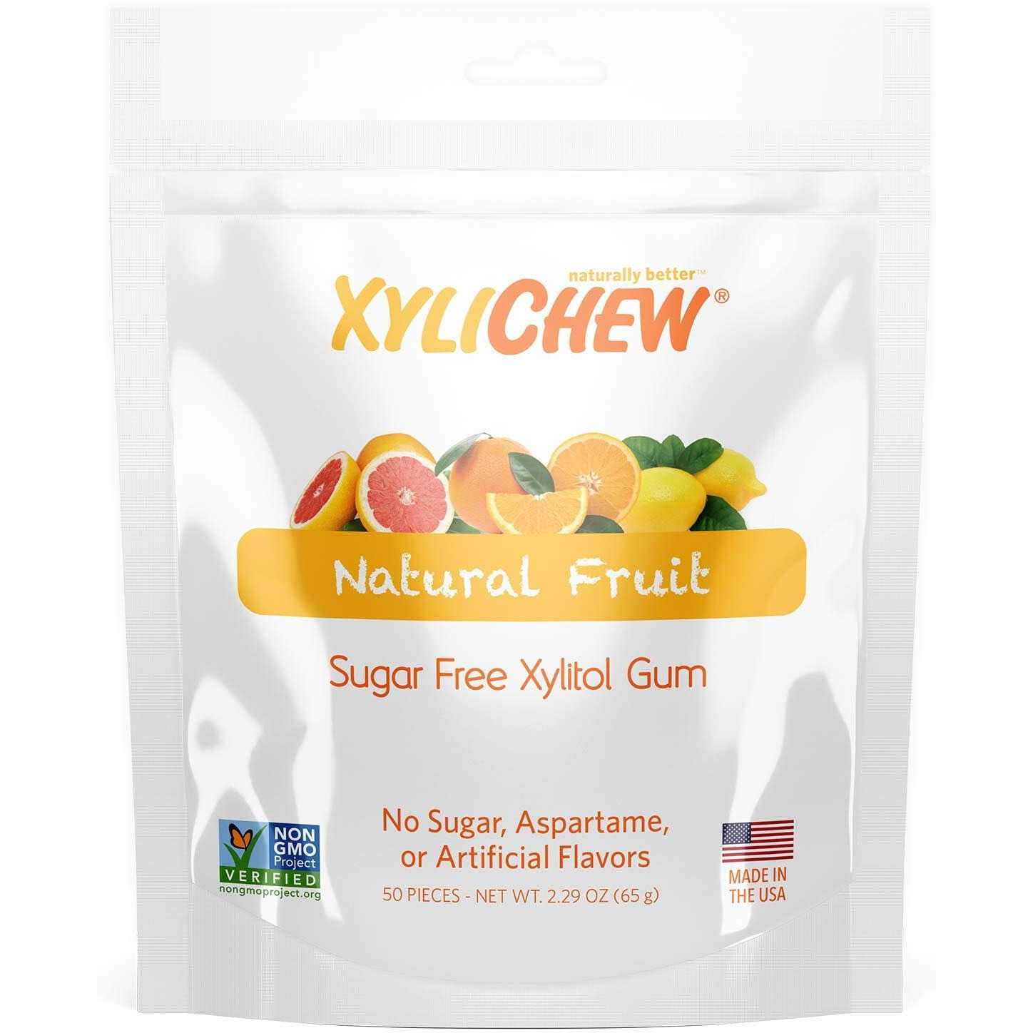 Xylichew 100 Xylitol Chewing Gum - Non Gmo, Non Aspartame, Gluten Free, And Sugar Free Gum - Natural Oral Care, Relieves Bad Breath And Dry Mouth - Fruit, 50 Count