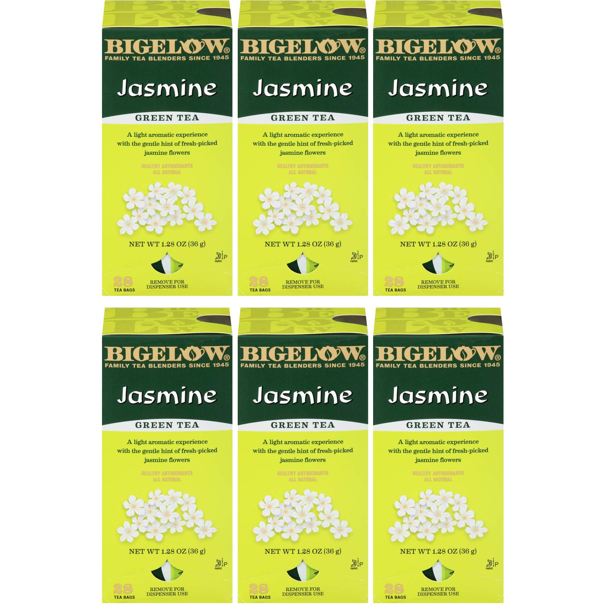 Bigelow Green Tea With Jasmine 28-Count Boxes (Pack Of 6) Premium Bagged Jasmine Scented Green Tea Antioxidant-Rich All Natural Medium-Caffeine Tea In Individual Foil-Wrapped Bags
