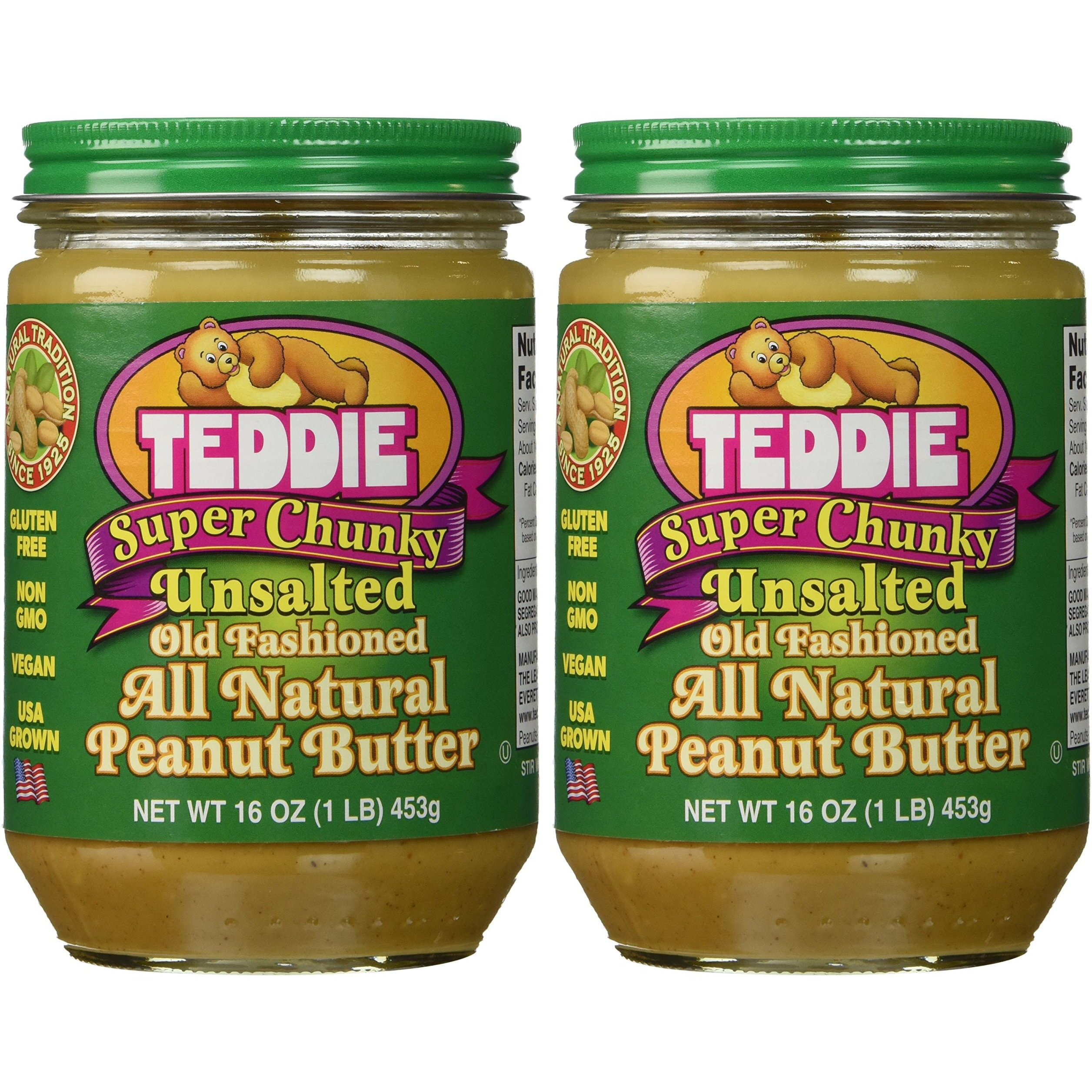 Teddie All Natural Peanut Butter, Super Chunky Unsalted 2Pk, Gluten Free & Vegan, 16 Ounce (Super Chunky Unsalted, Pack Of 2)